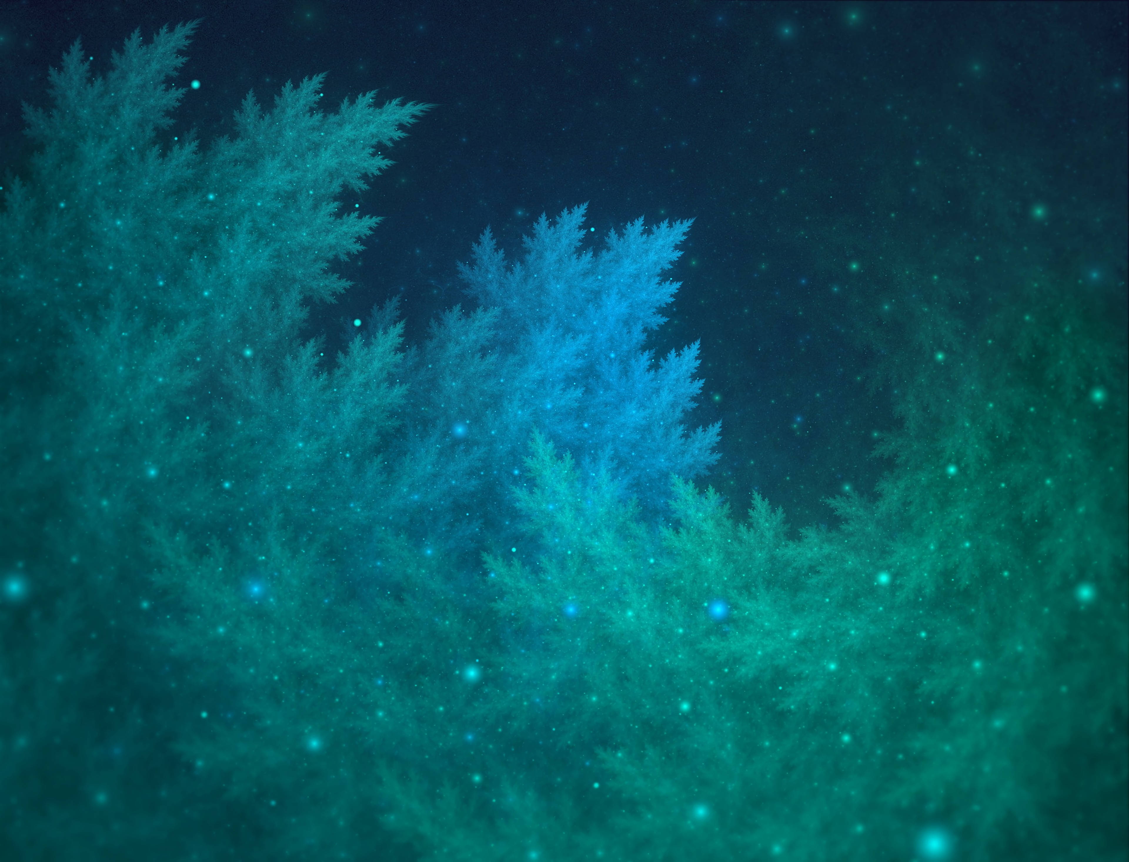 碎形 桌布 壁紙 — 分形雪花圖案在繁星宇宙背景下發出鮮豔的藍綠色光芒。