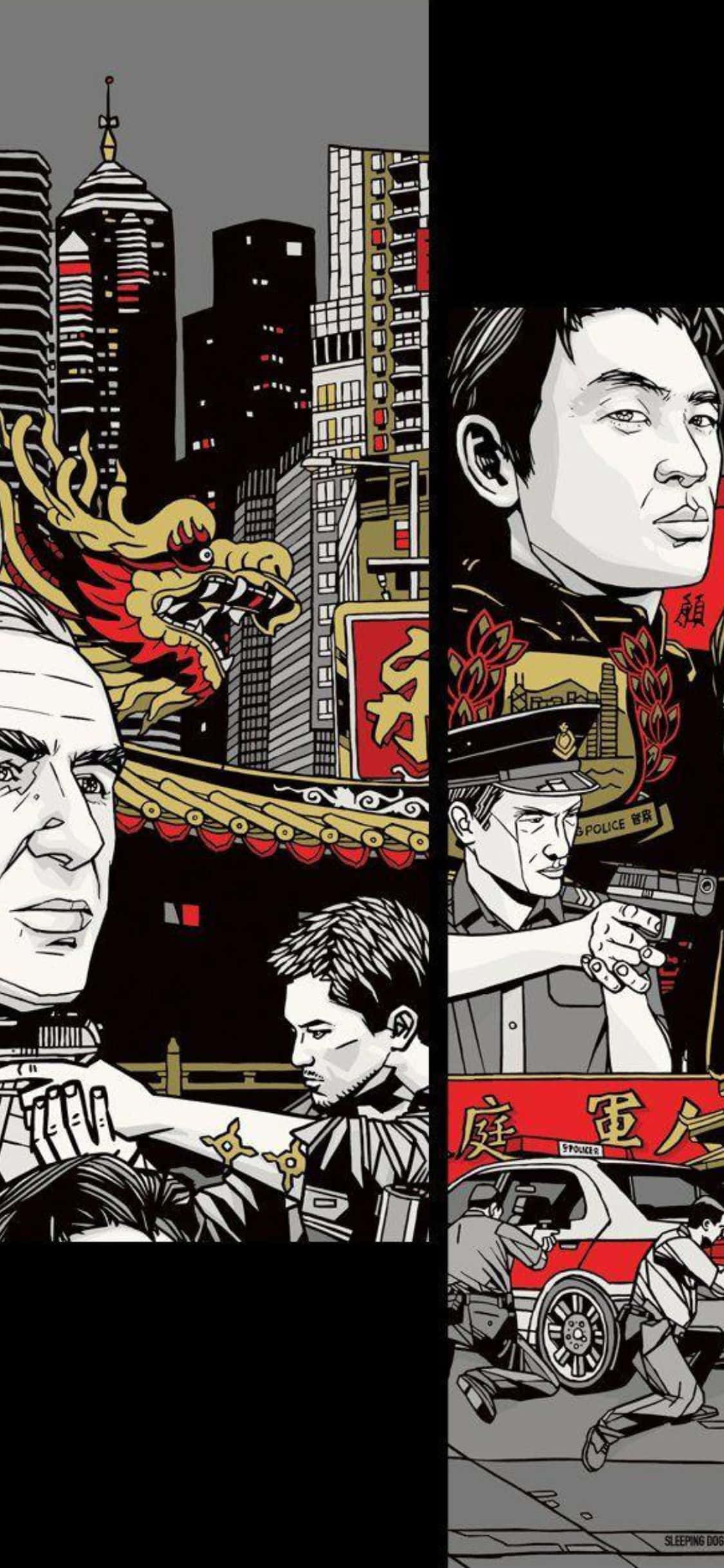 Game Art 桌布 壁紙 — 分格漫畫藝術描繪城市警察行動，以龍為主題，背景為城市摩天大樓和傳統標誌。