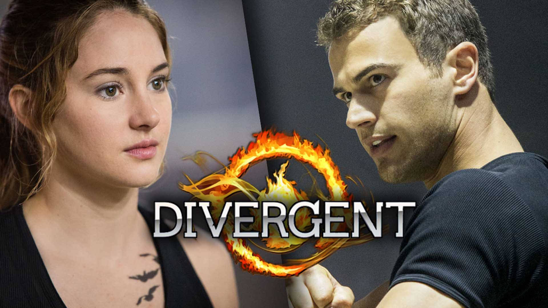 Divergent 桌布 壁紙 — 《分歧者》宣傳海報，展示一名帶有鳥紋身的女子和一名男子在緊張對峙中，帶有火焰標誌。