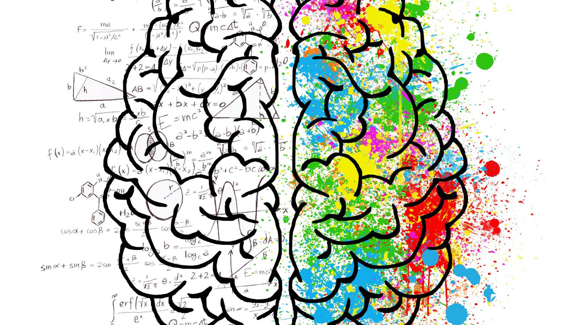 mind 桌布 壁紙 — 分裂大腦插圖左側充滿黑白數學方程式右側充滿鮮豔多彩的油漆飛濺。