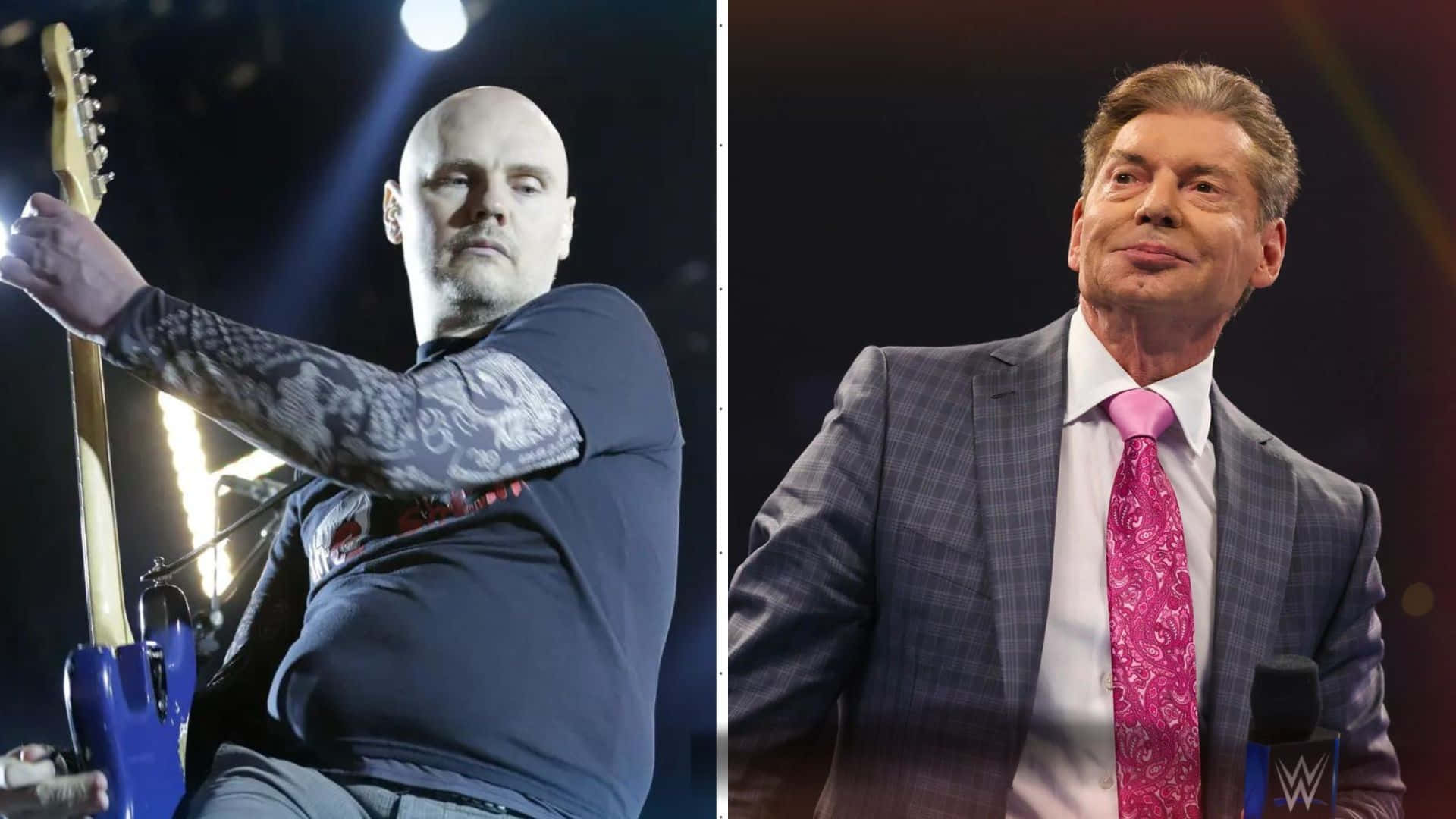 WWE 桌布 壁紙 — 分鏡舞台照，一名刺青吉他手彈奏藍色電吉他，旁邊一位穿西裝、戴粉紅色佩斯利領帶的男子手持WWE麥克風。
