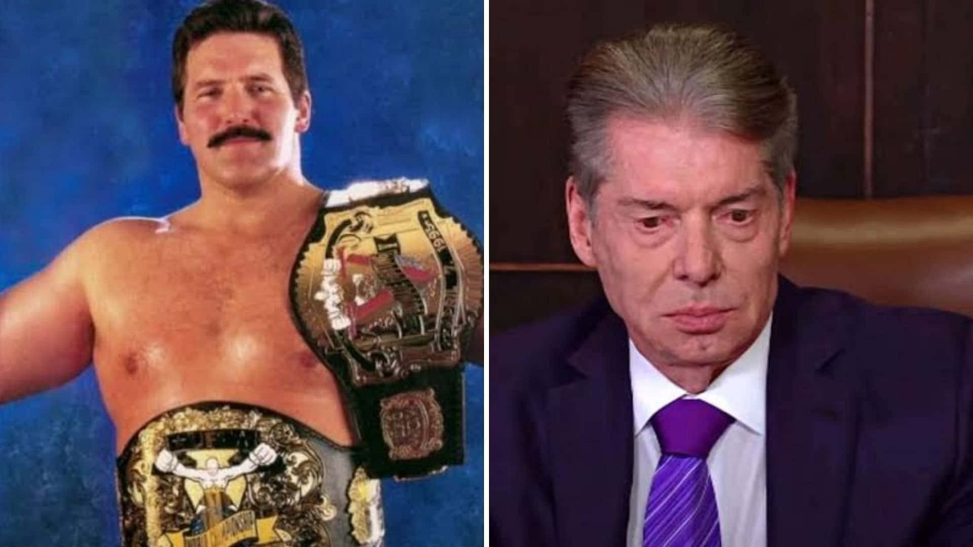 WWE 桌布 壁紙 — 分離圖片，展示一位留鬍子的摔角手穿著金色冠軍裝備，背景為藍色，以及一位嚴肅的男子穿著西裝打紫色領帶，坐在室內。