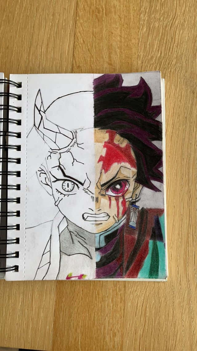 Demon Slayer Half-demon 桌布 壁紙 — 分頁素描本繪圖顯示一半是黑白動漫角色，有角，另一半是彩色動漫角色，有紅色標記和紫色頭髮。