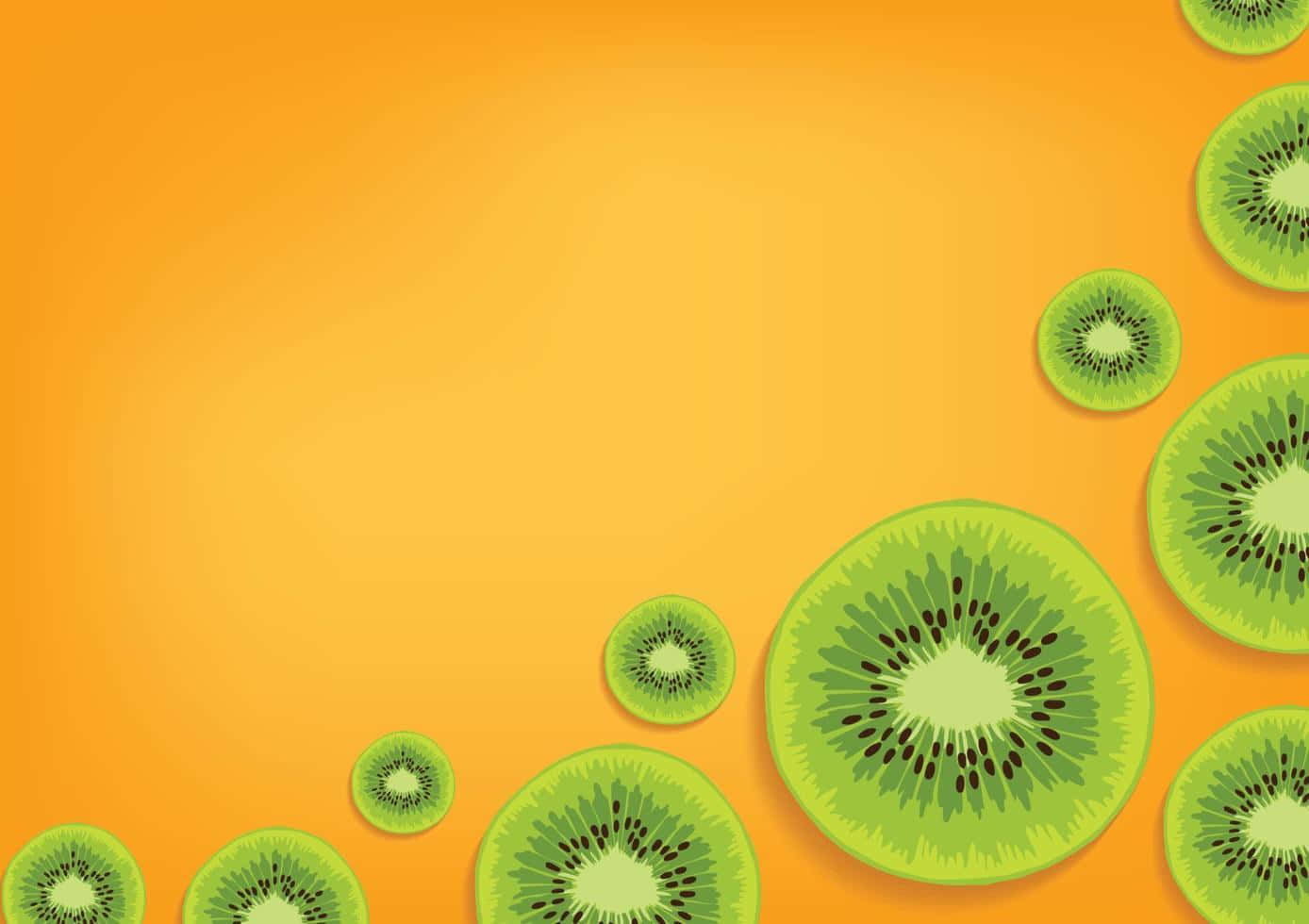 Kiwi 桌布 壁紙 — 切成薄片的奇異果呈現鮮綠色，沿對角線漂浮在溫暖的橙色漸變背景上。