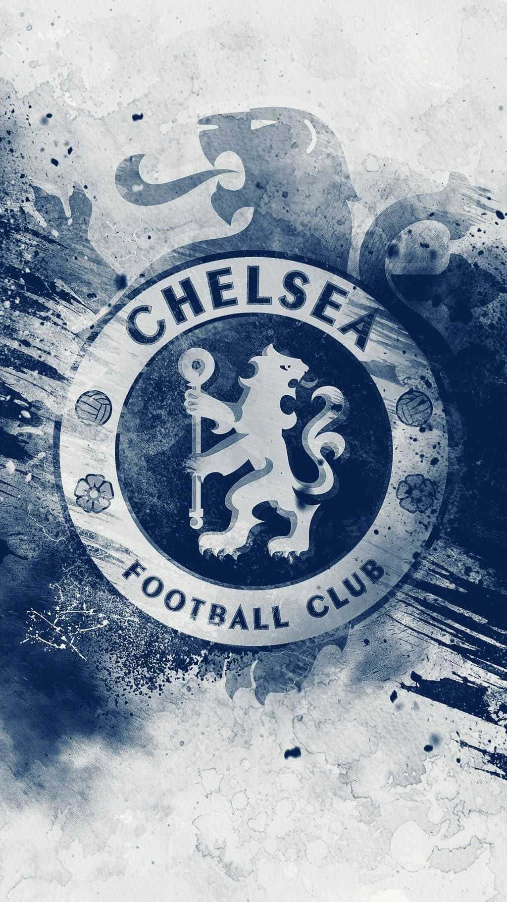 Chelsea iPhone 桌布 壁紙 — 切爾西足球俱樂部徽章，採用大膽的藍白配色，並在破舊背景上呈現油漆飛濺紋理。