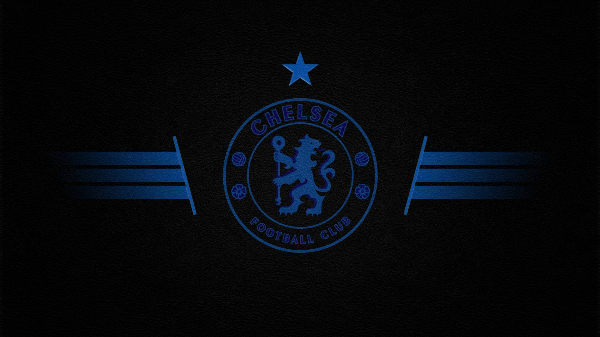 chelsea fc logo 桌布 壁紙 — 切爾西足球俱樂部徽章在帶有星星和條紋的紋理黑色皮革背景上發出藍色光芒。