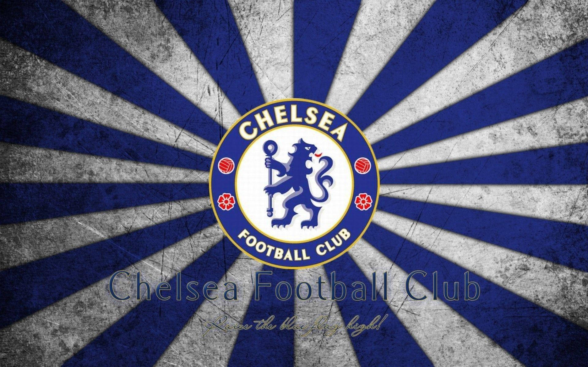 chelsea fc logo 桌布 壁紙 — 切爾西足球俱樂部徽章置於磨損的藍白放射背景中央，下方有球隊口號。