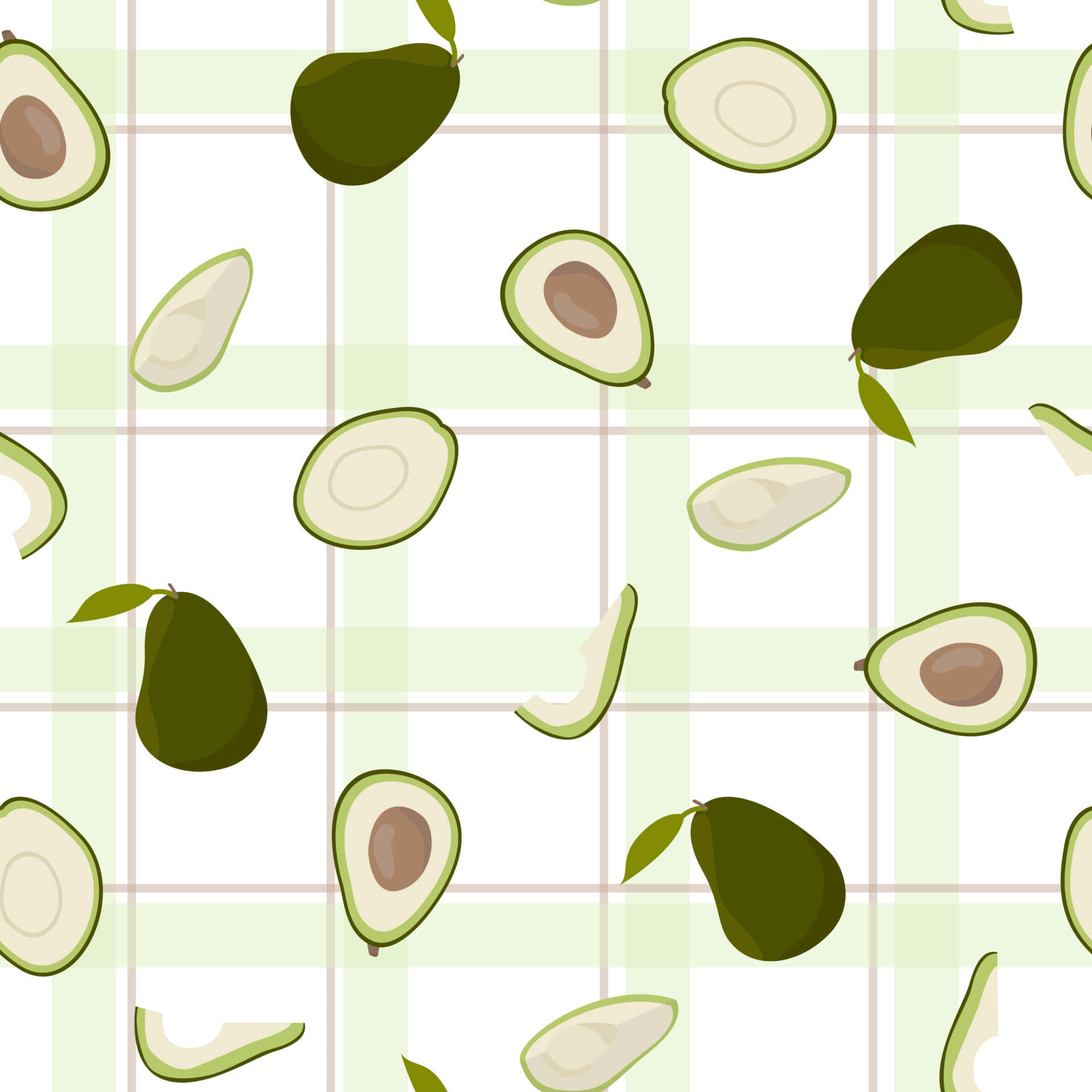 Cute Avocado 桌布 壁紙 — 切片和完整的酪梨在淺綠色和白色格子背景上以俏皮圖案漂浮。