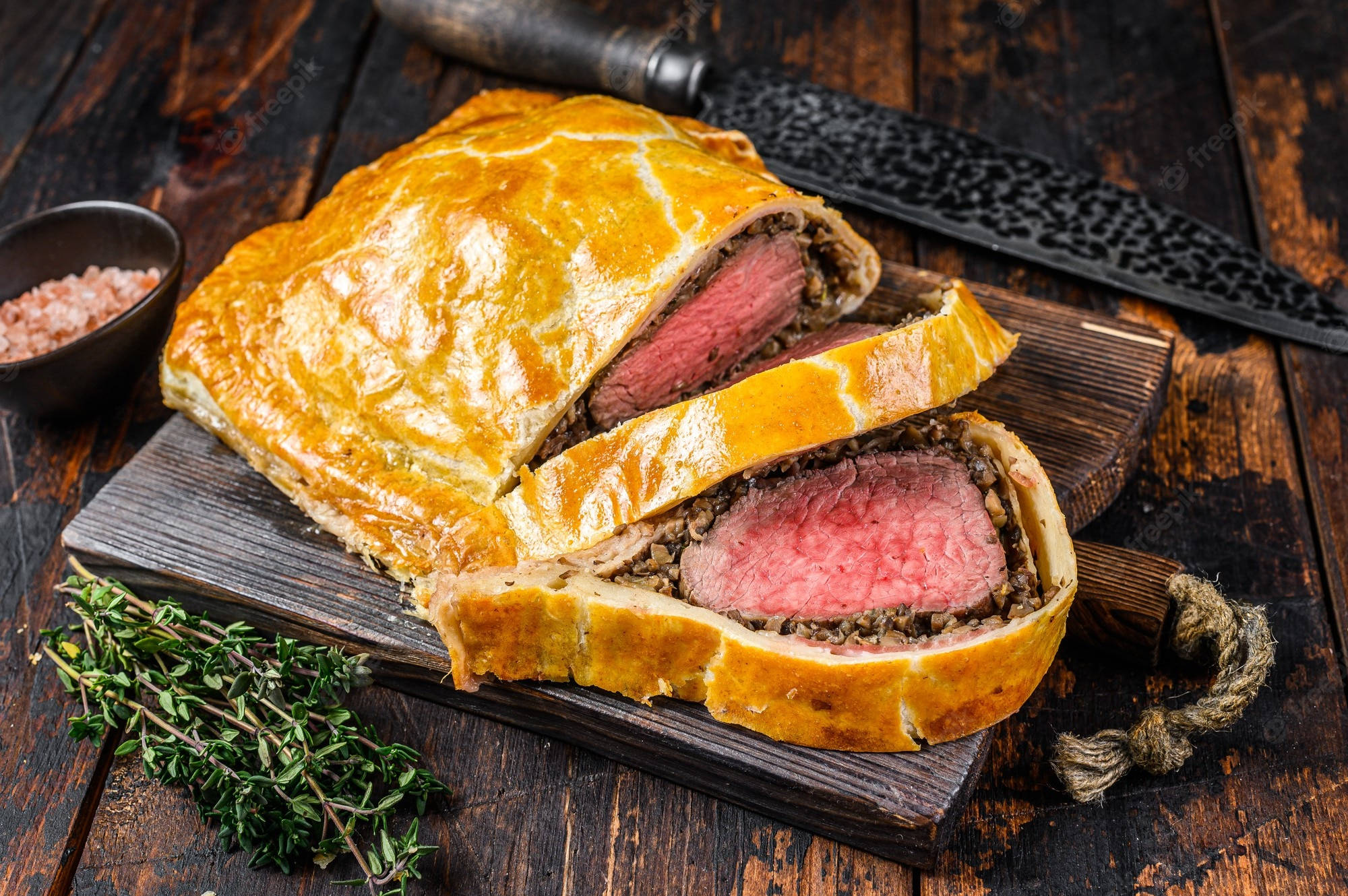 meat 桌布 壁紙 — 切片威靈頓牛排，金黃外皮，粉紅中心，放在質樸木板上，配以百里香和刀。