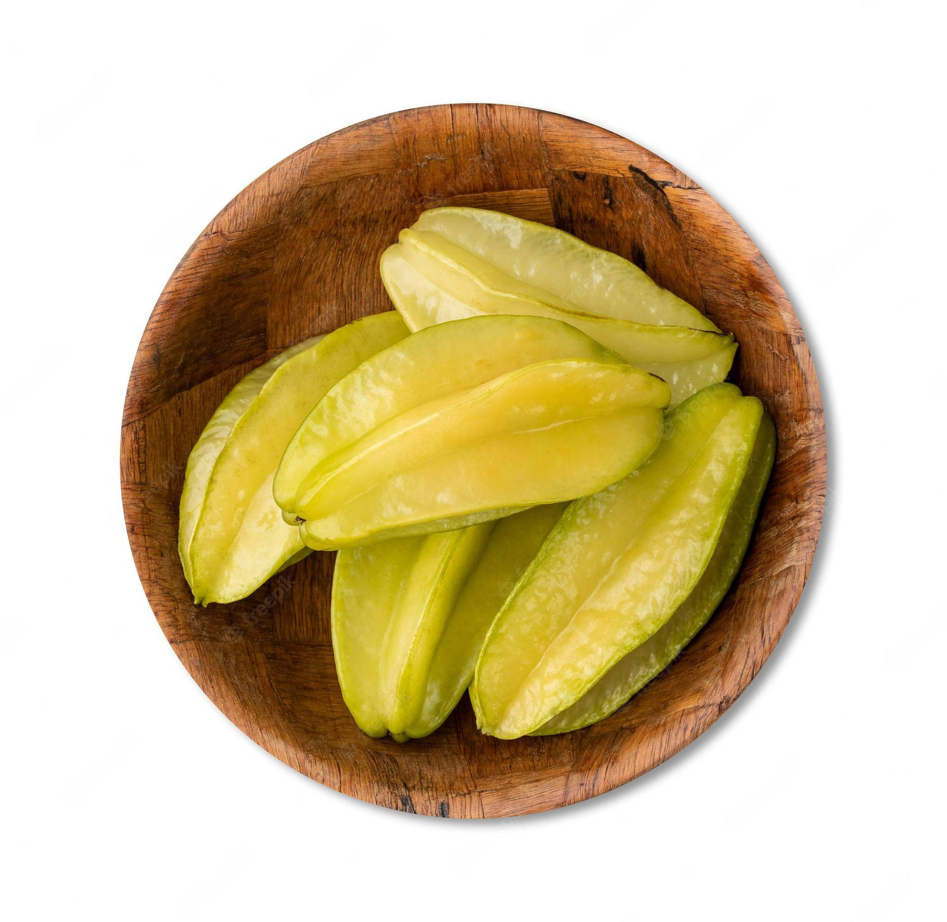 Fruits 桌布 壁紙 — 切片楊桃擺放在質樸的木碗中，以純白背景襯托。
