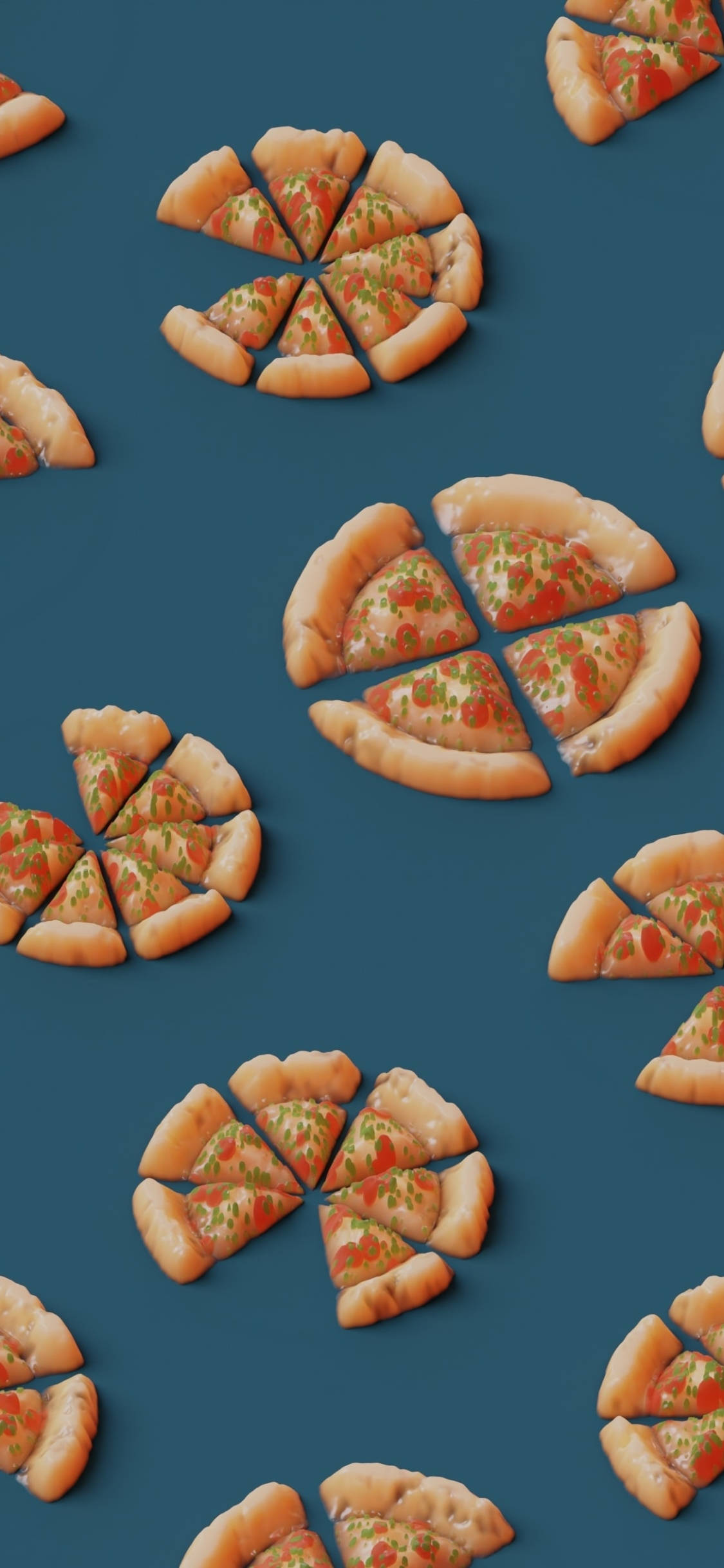 Pizza 桌布 壁紙 — 切片義大利辣香腸披薩塊以散落的圓形圖案排列在深青綠色背景上。