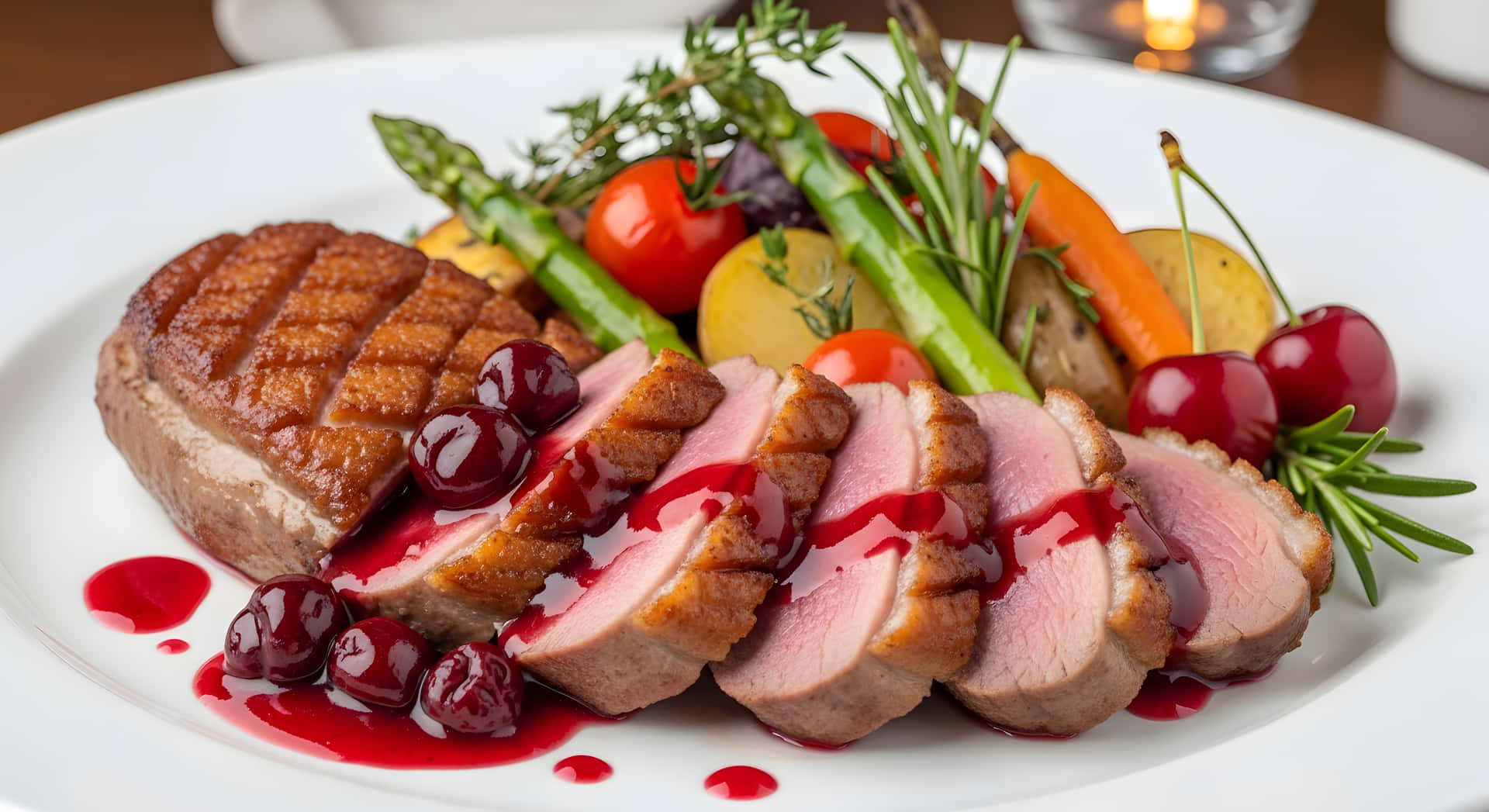 Roasted Duck Breast with Red Berry Sauce and Asparagus: Gourmet Fine Dining Plated Meal featuring 壁紙 — 切片香煎鴨胸配櫻桃醬及烤蔬菜，置於白色碟上。
