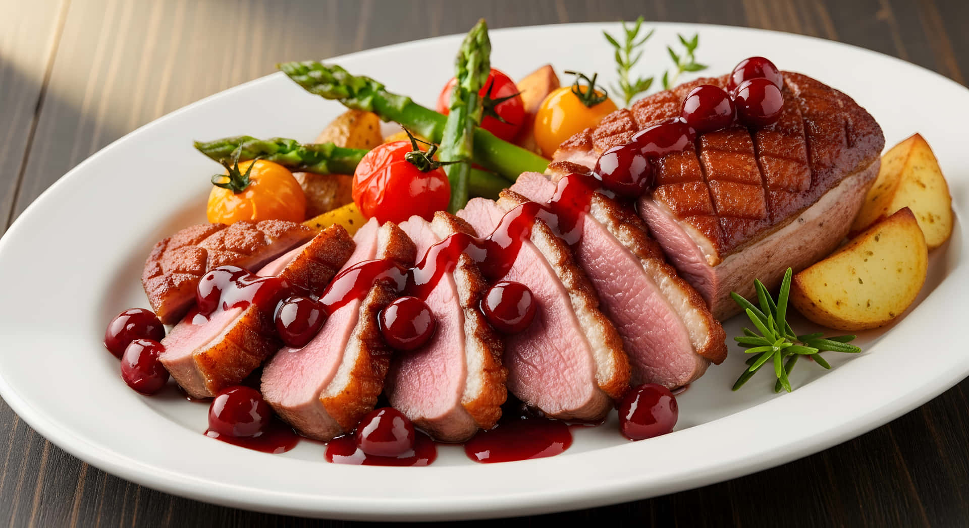 Roasted Duck Breast with Red Berry Sauce and Asparagus: Gourmet Fine Dining Plated Meal 壁紙 — 切片香煎鴨胸配櫻桃釉、蘆筍、櫻桃番茄和烤馬鈴薯，盛在白盤上。