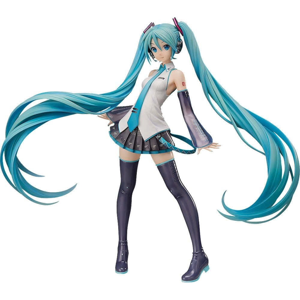 初音未來 桌布 壁紙 — 初音未來的動漫人偶，擁有長長的藍綠色雙馬尾和耳機，在白色背景前動態擺姿勢。