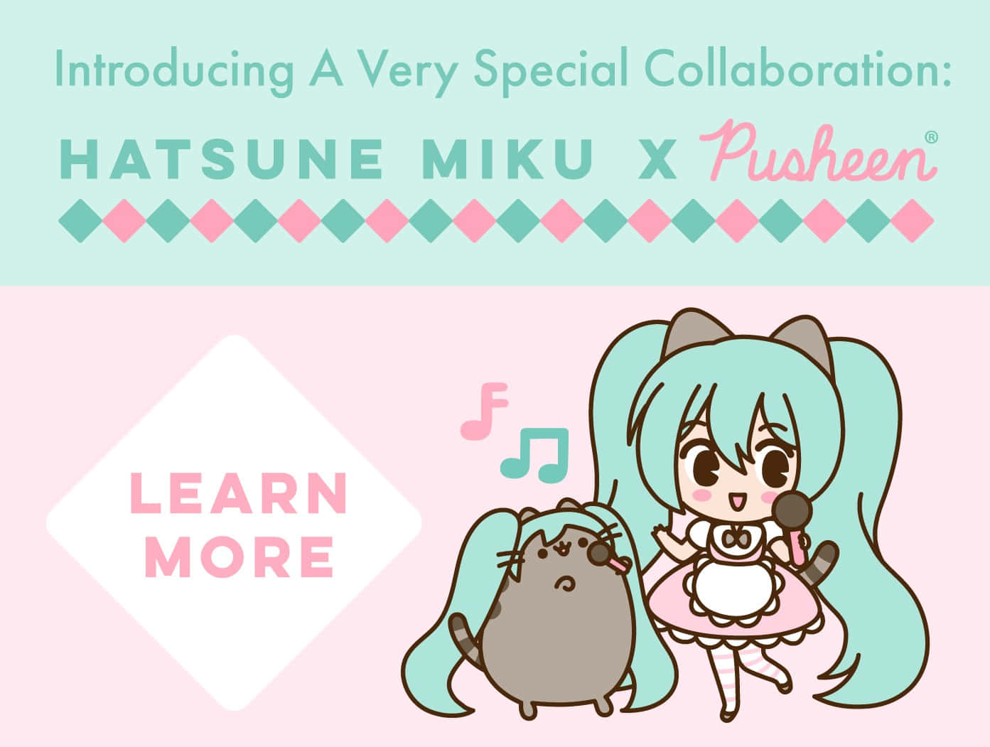 pusheen 動圖 桌布 壁紙 — 初音未來與 Pusheen 貓咪以可愛的 Q 版風格，搭配粉彩粉紅與青綠色一起唱歌。