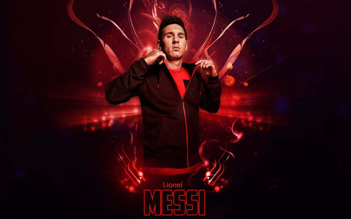 Lionel Messi Cool 桌布 壁紙 — 利昂內爾·梅西自信地穿著黑色外套，站在帶有發光粒子的動態紅色抽象背景前。