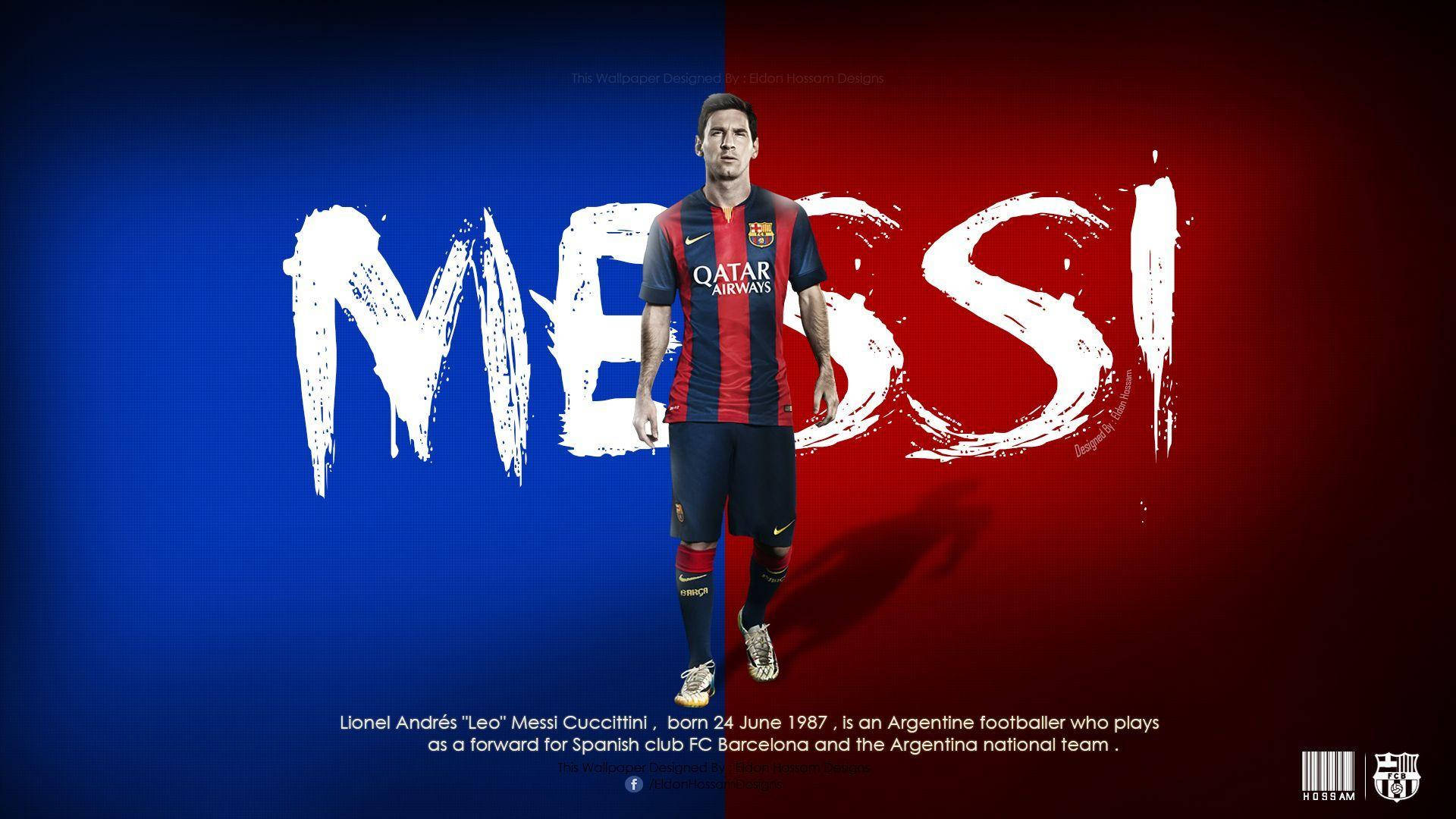Messi Barcelona 桌布 壁紙 — 利昂內爾·梅西身穿FC巴塞隆納球衣，站在大膽的藍紅分色背景前，他的名字以大型白色刷筆字體呈現。