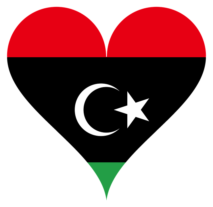 Libya 桌布 壁紙 — 利比亞國旗，帶有紅色、黑色和綠色的水平條紋，以及黑色中央的白色新月和星星。