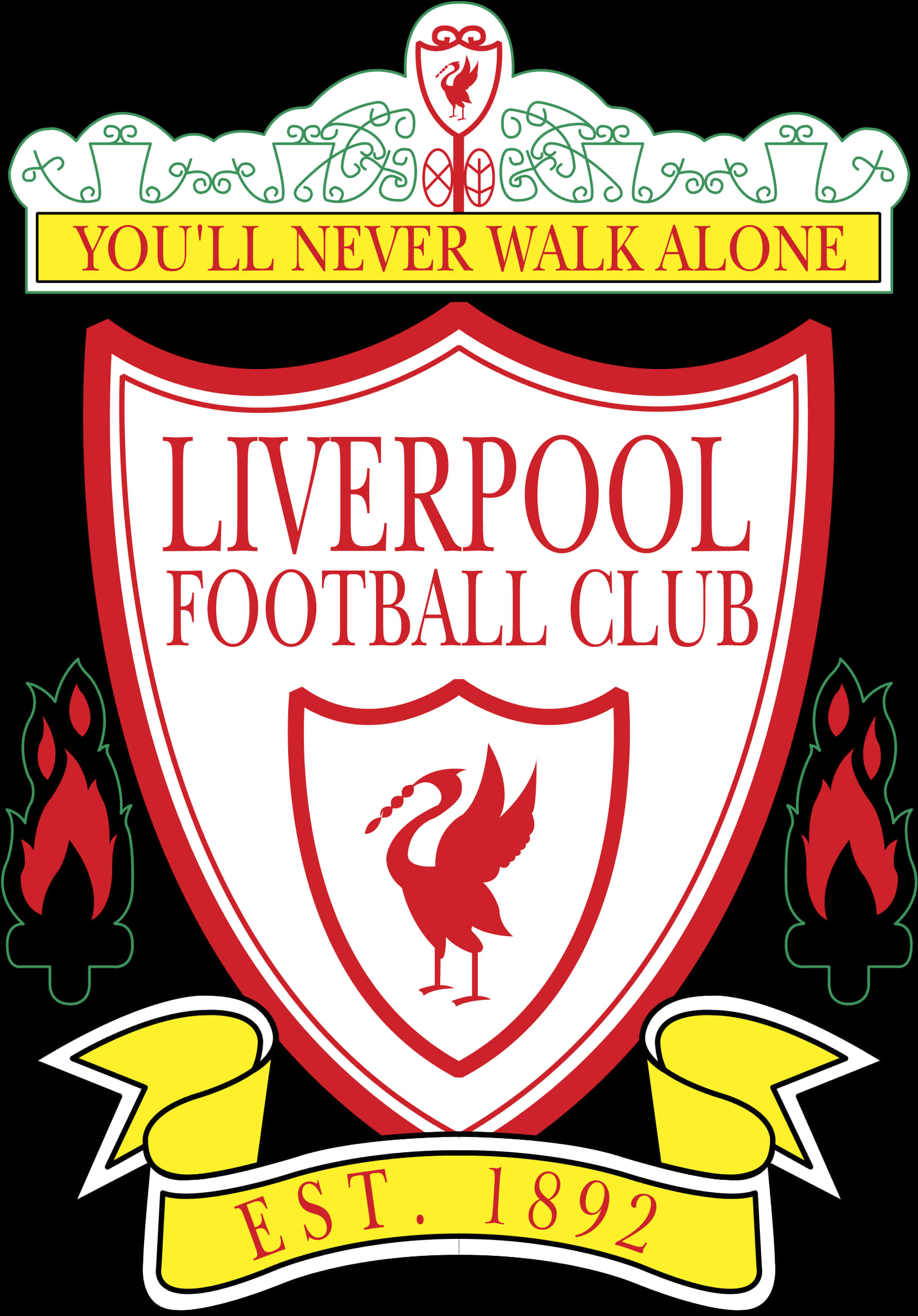 Liverpool Logo 桌布 壁紙 — 利物浦足球俱樂部徽章，上有紅色利物鳥及「You'll Never Walk Alone」標語。