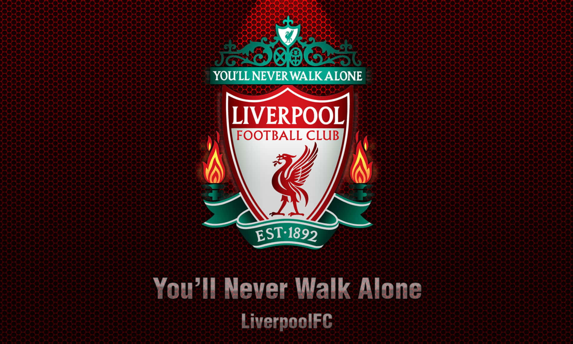 Liverpool Logo 桌布 壁紙 — 利物浦足球俱樂部徽章，深紅色六邊形背景上帶有燃燒的火炬。