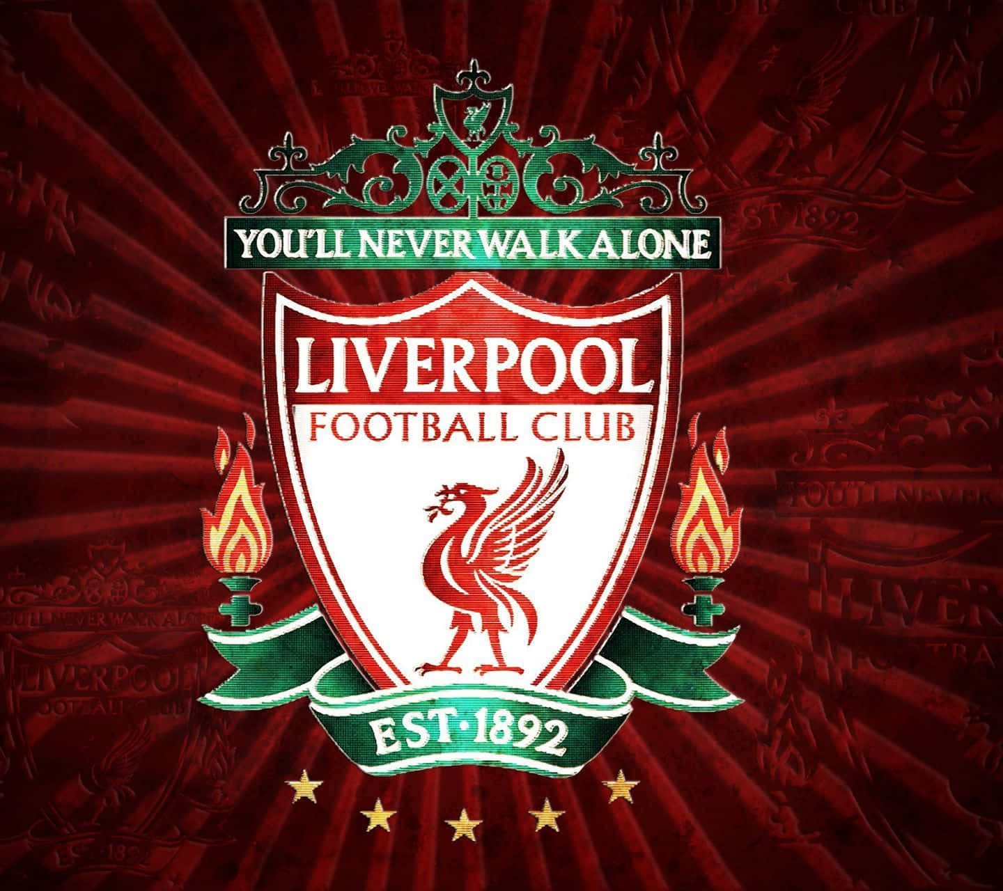 Liverpool Logo 桌布 壁紙 — 利物浦足球俱樂部徽章，紅色利物鳥和燃燒火炬在耀眼的紅色背景上。