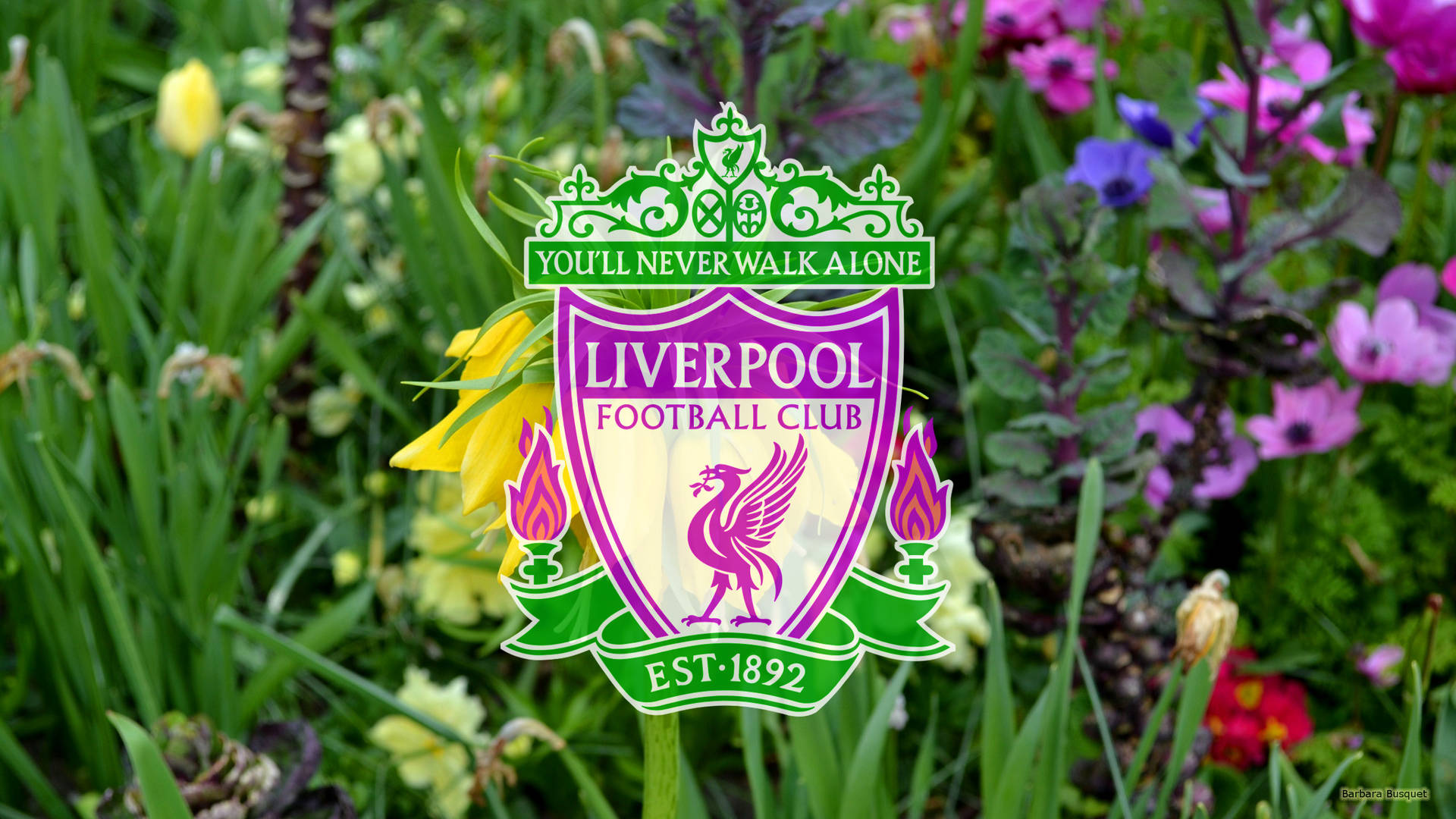 利物浦FC徽章被花園中盛開的花朵環繞。 — Valorant Logo 壁紙