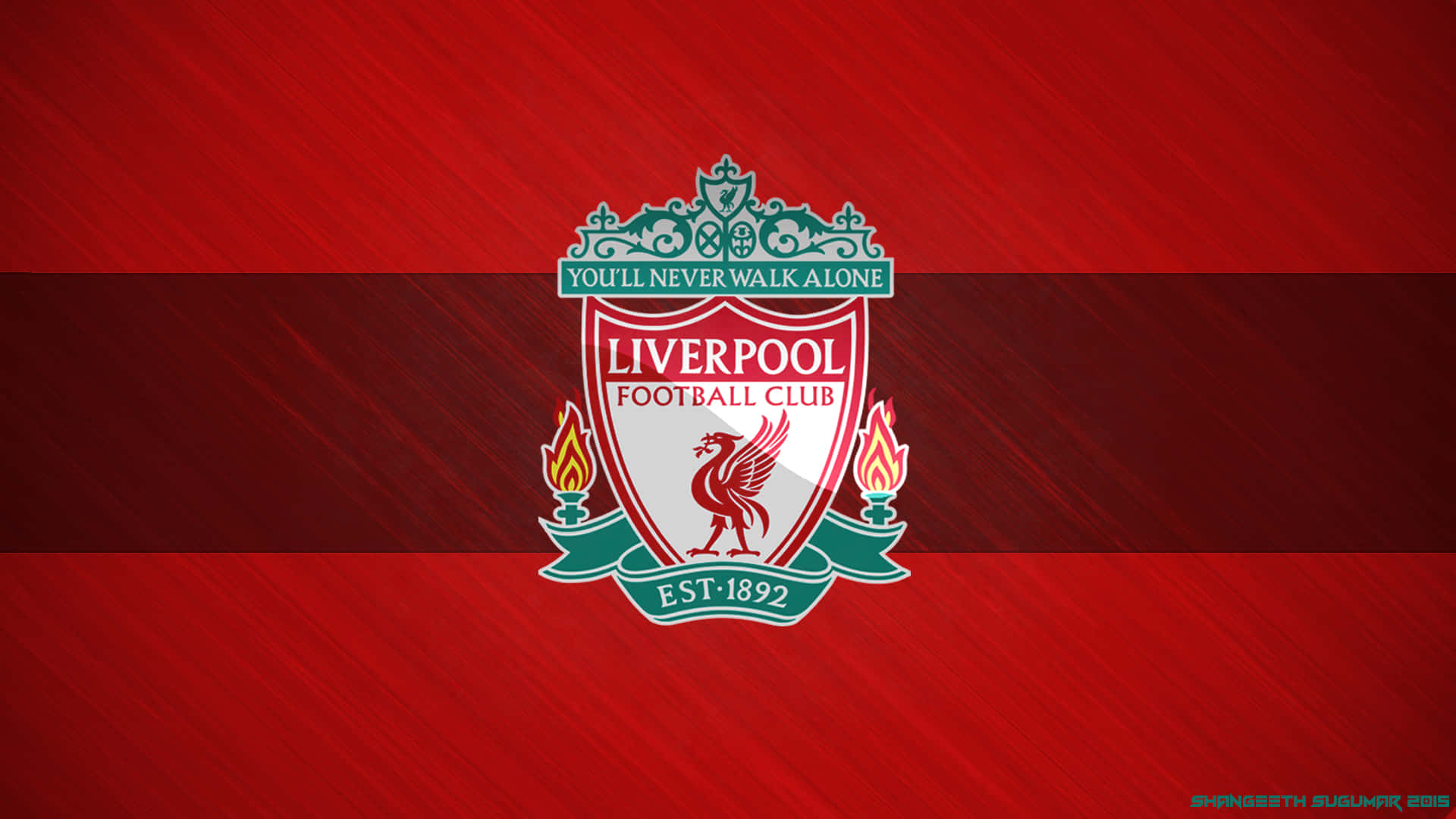 Liverpool Fc Desktop 桌布 壁紙 — 利物浦足球俱樂部徽章居中放在帶有斜紋的紋理紅色背景上。