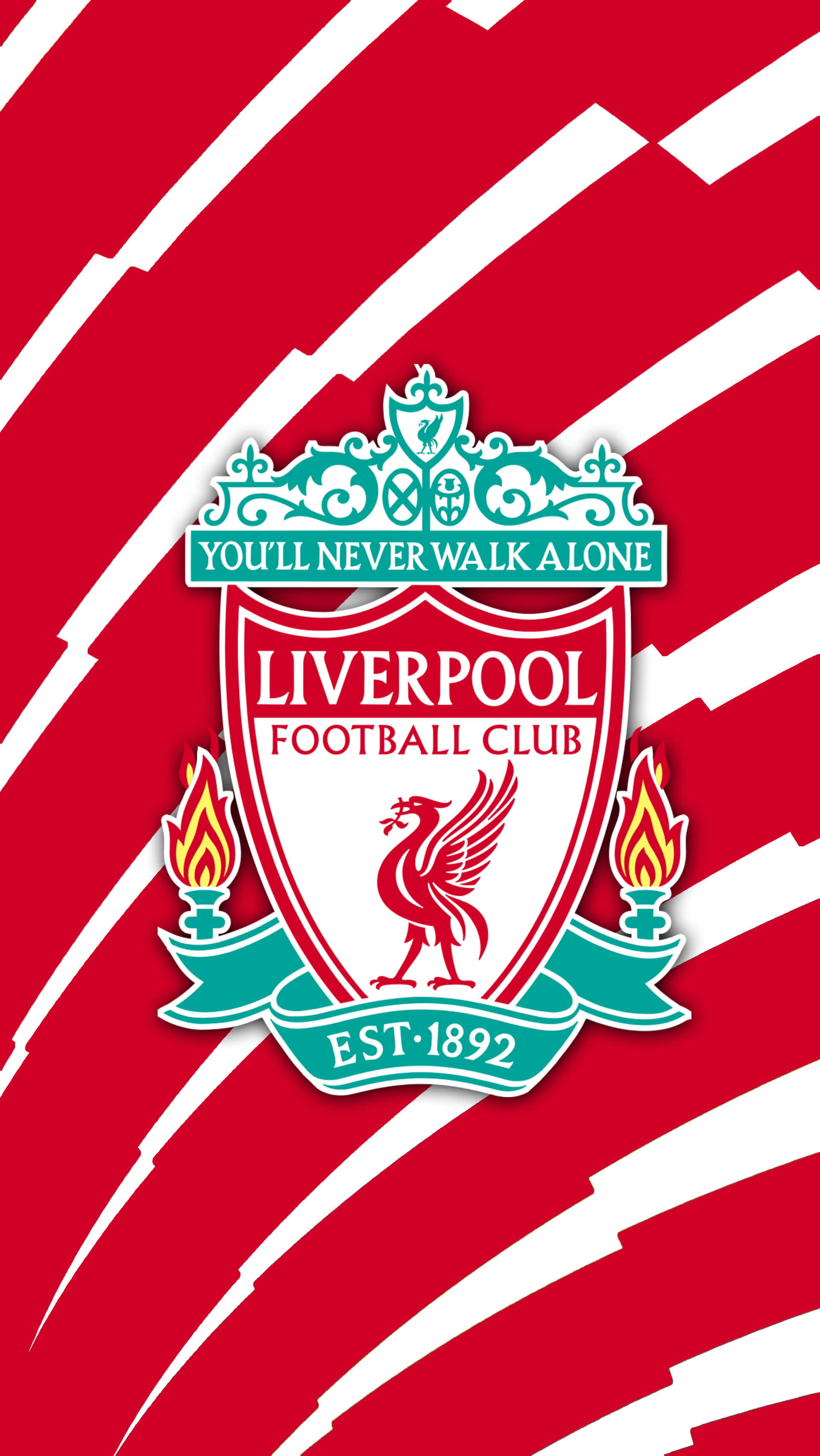 Liverpool Logo 桌布 壁紙 — 利物浦足球俱樂部徽章置於大膽的紅白斜紋背景中央。