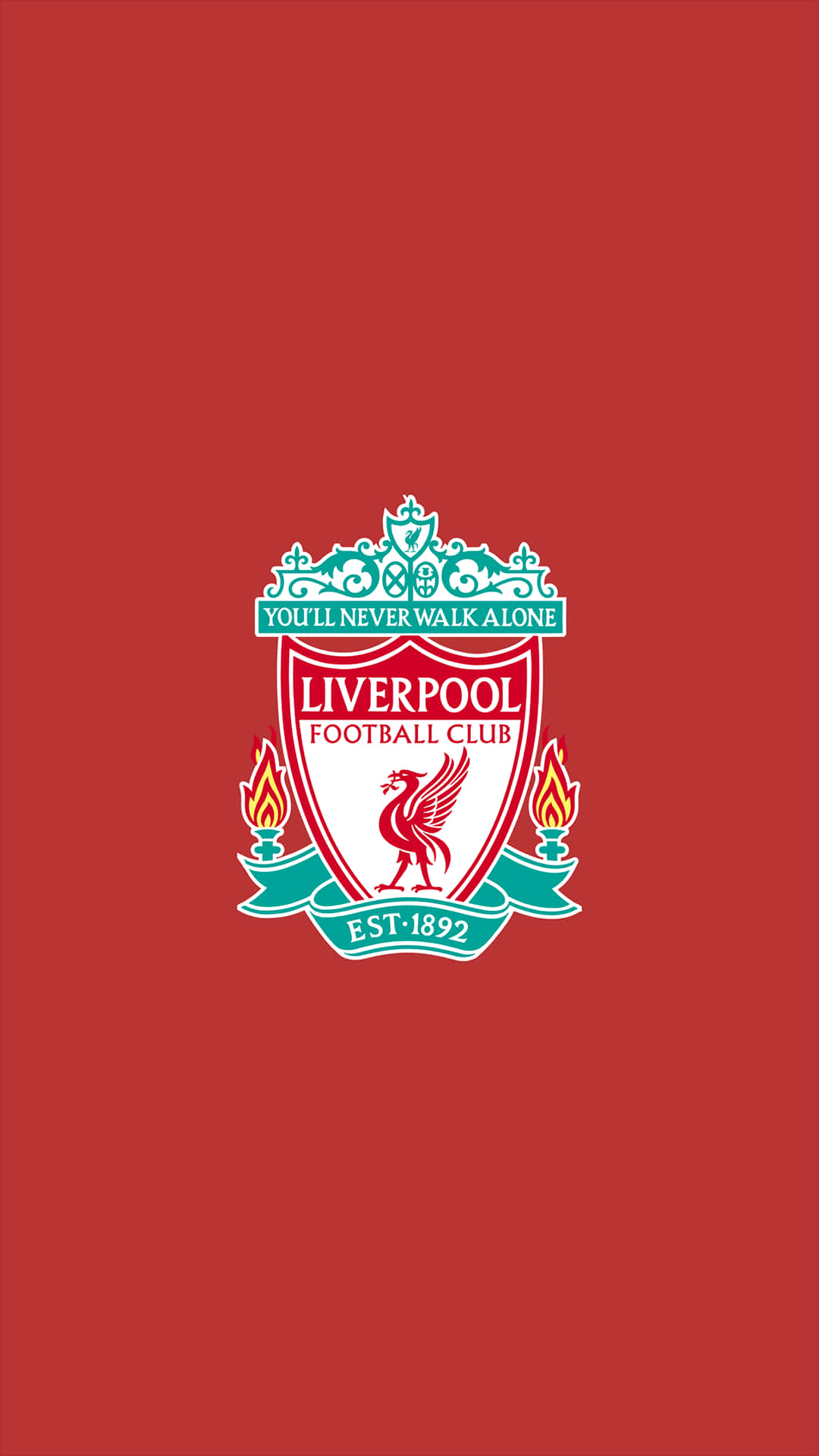 Liverpool iPhone 桌布 壁紙 — 利物浦足球俱樂部會徽居中於純紅色背景上，配有火焰火炬及「You'll Never Walk Alone」格言。
