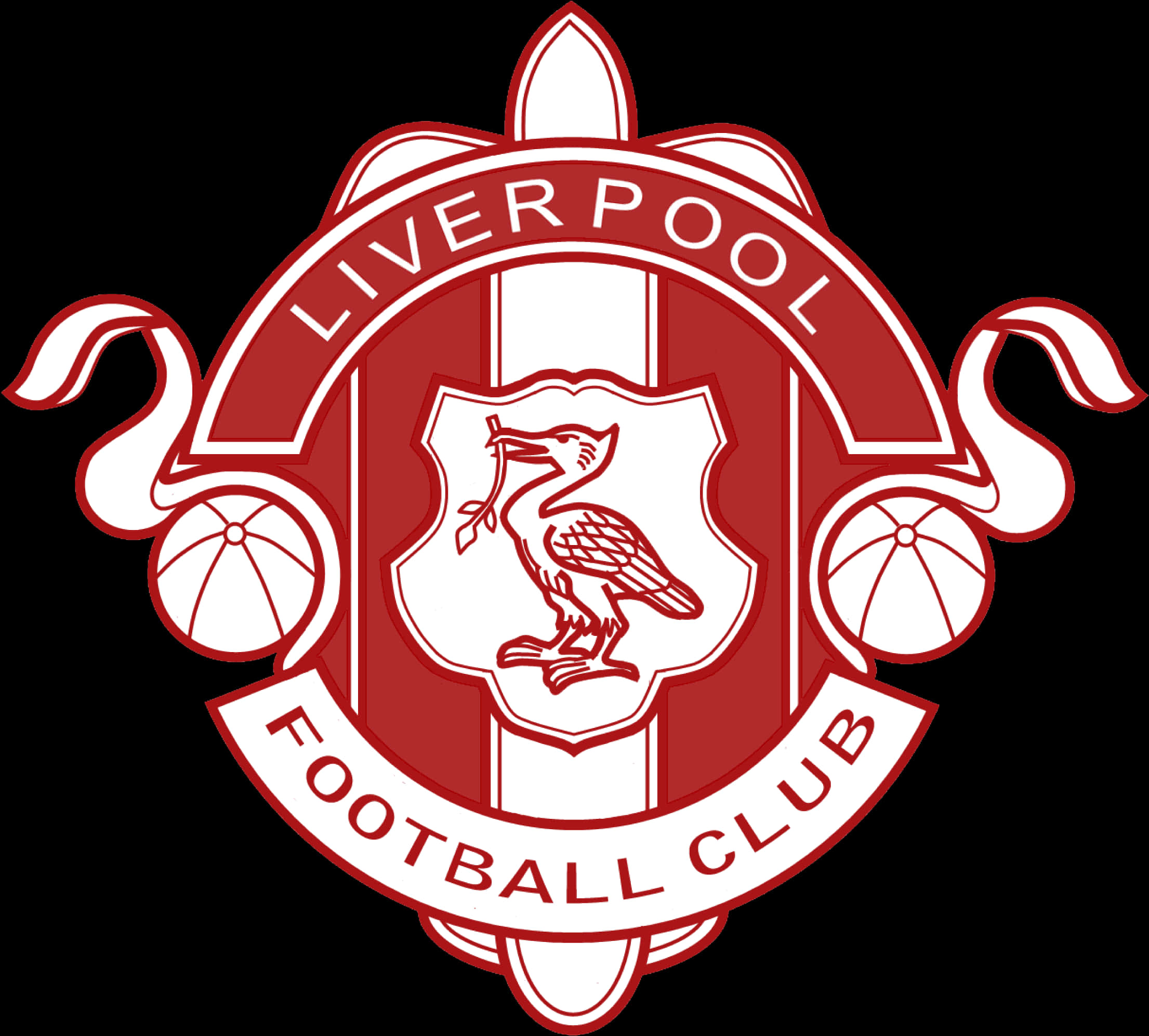 Liverpool Logo 桌布 壁紙 — 利物浦足球俱樂部紅白徽章，有一隻鳥叼著樹枝，兩側有足球。