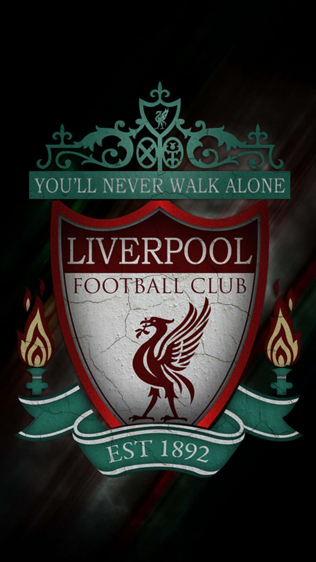 Liverpool iPhone 桌布 壁紙 — 利物浦足球俱樂部隊徽，紅色利物鳥和燃燒火炬在深色紋理背景上。