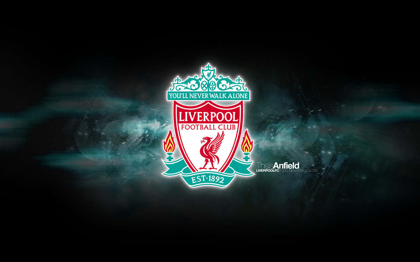 利物浦足球俱樂部隊徽，帶有火焰火炬和「You'll Never Walk Alone」標語。 — 利物浦 壁紙