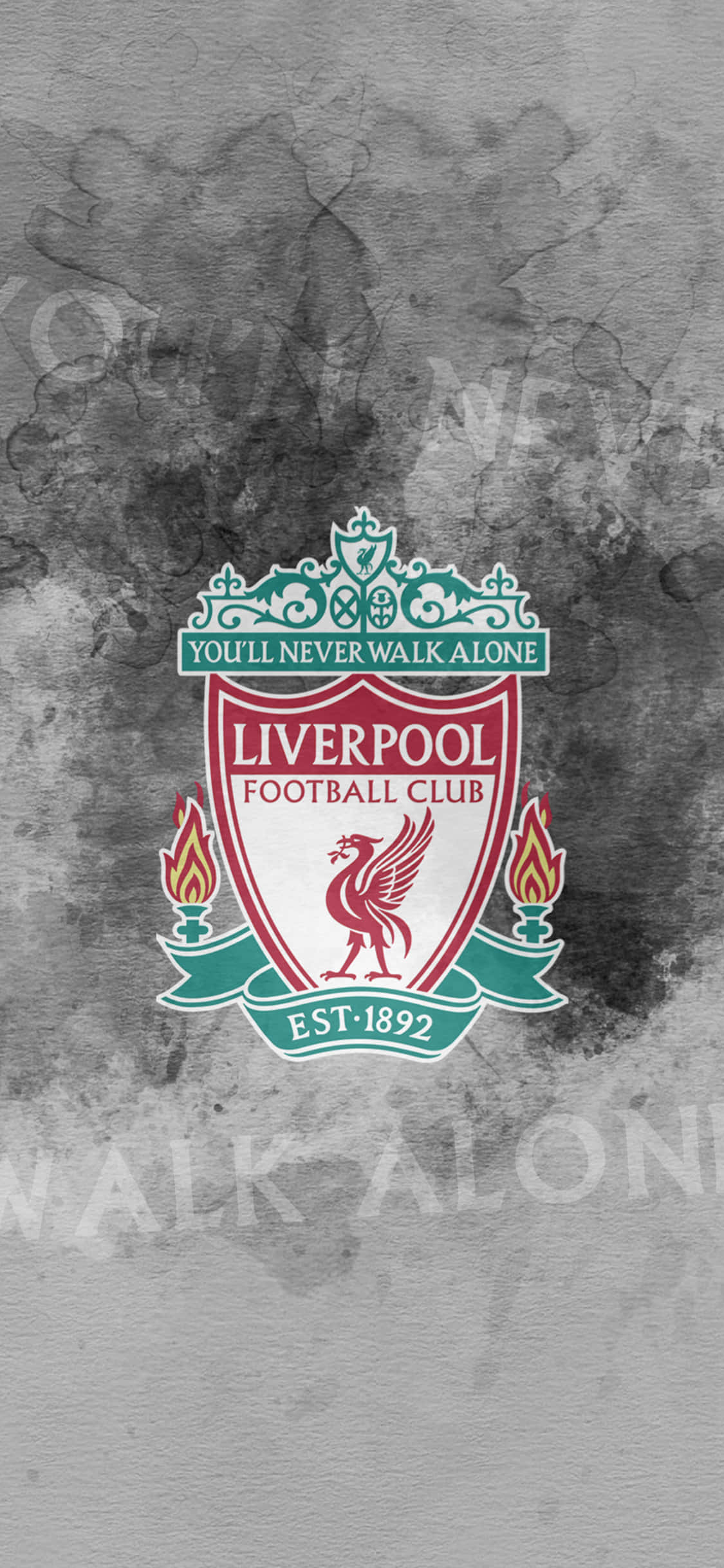 Liverpool Logo 桌布 壁紙 — 利物浦足球會徽章，帶有紅色利物鳥和火焰，紋理灰色背景上帶有褪色的會訓。