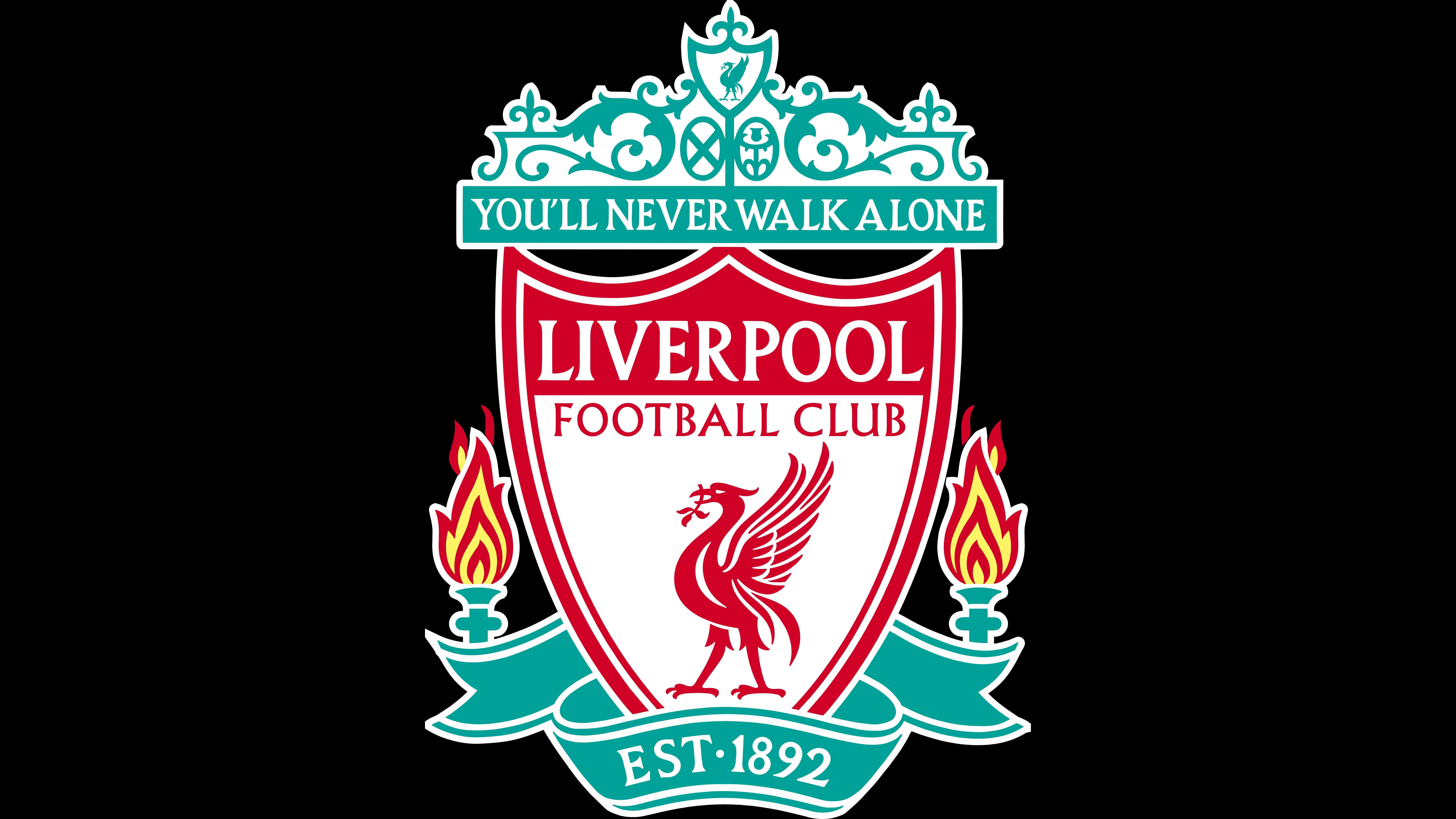 Liverpool Logo 桌布 壁紙 — 利物浦足球會徽章，黑色背景上紅色利物鳥兩側有火焰。