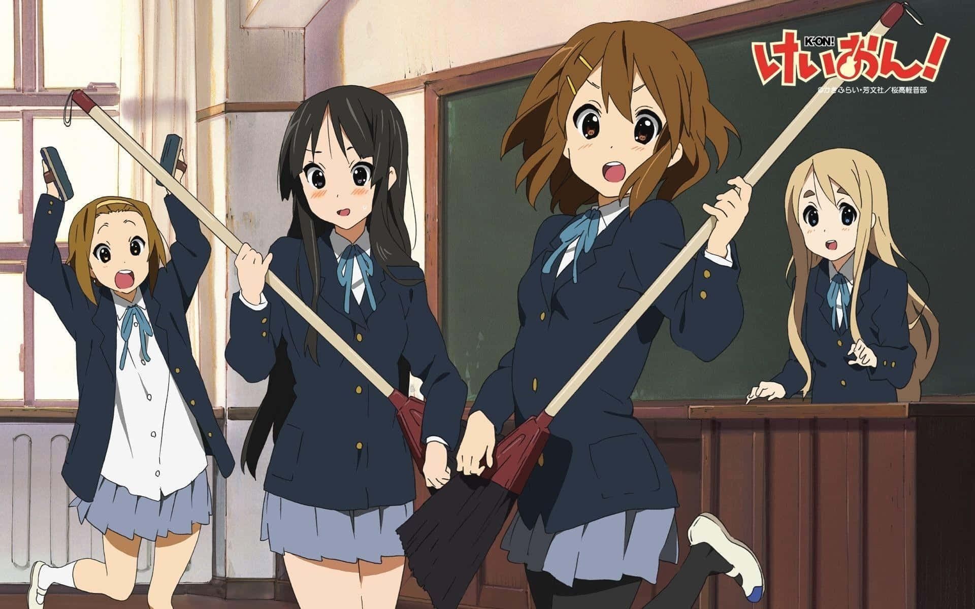 制服中的動畫女孩拿著掃帚 壁紙