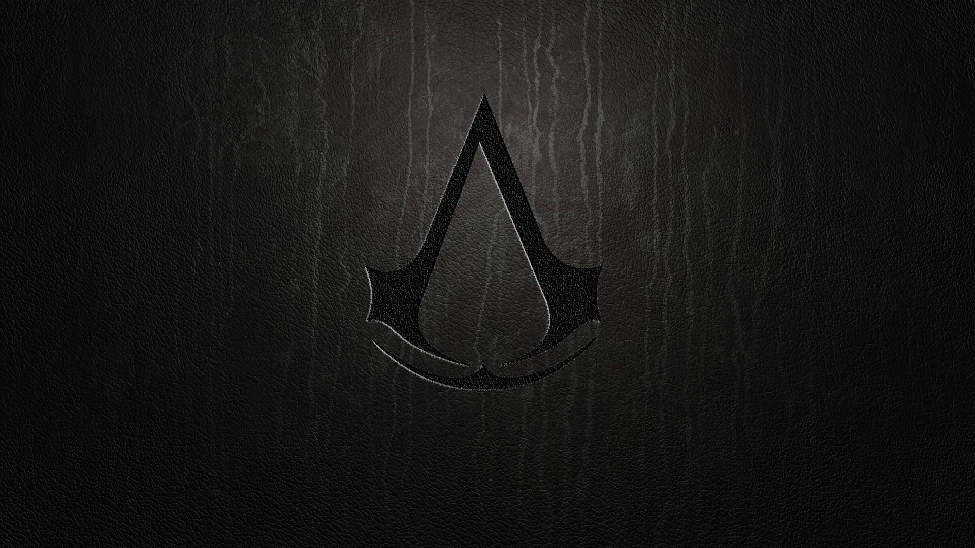 Gaming Logos 桌布 壁紙 — 刺客教條標誌以黑色蝕刻在紋理皮革背景上，帶有微妙的燈光效果。