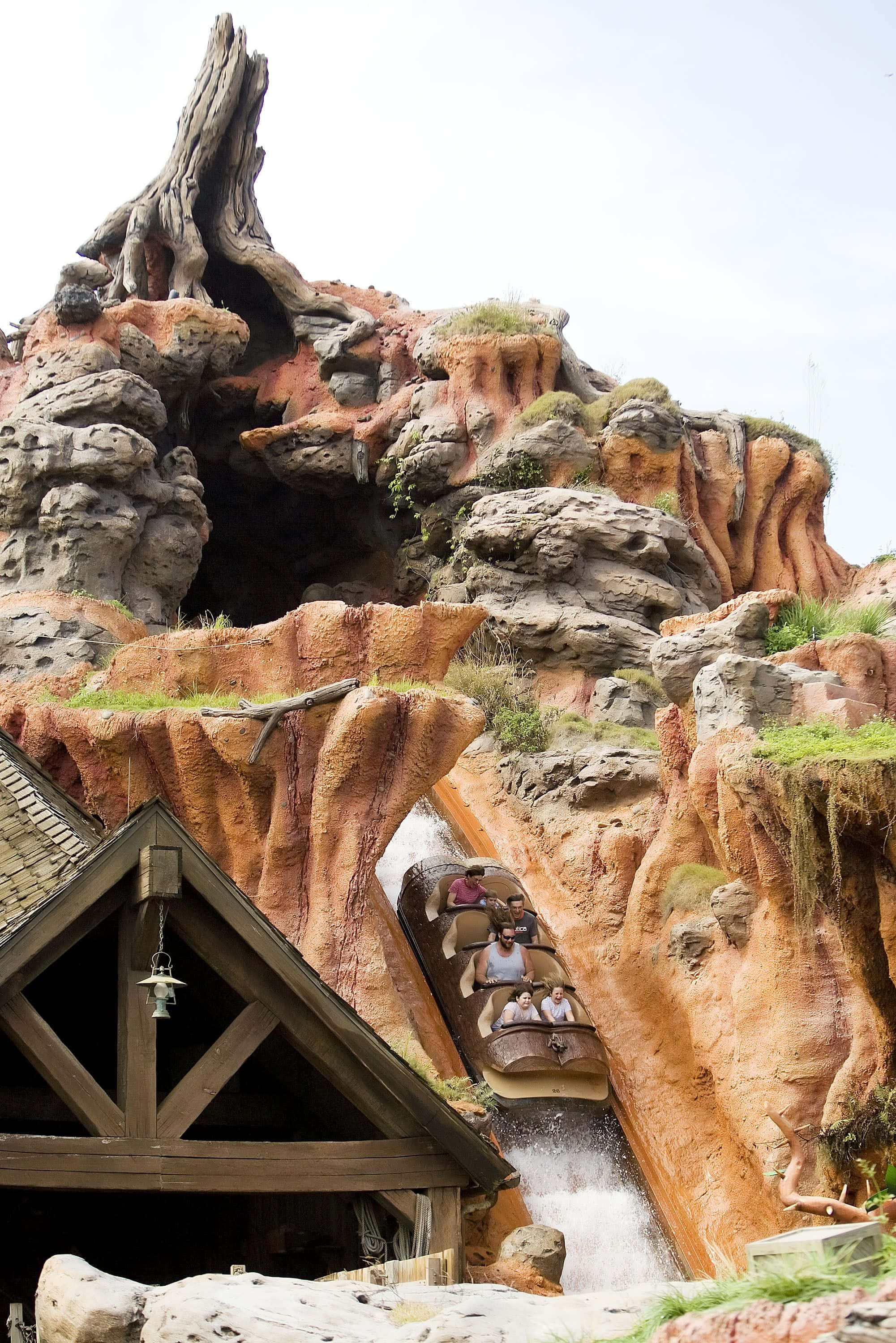 Splash Mountain 桌布 壁紙 — 刺激的漂流木筏旅程衝過一個崎嶇的人造峽谷，有高聳的岩石結構和傾瀉的水。