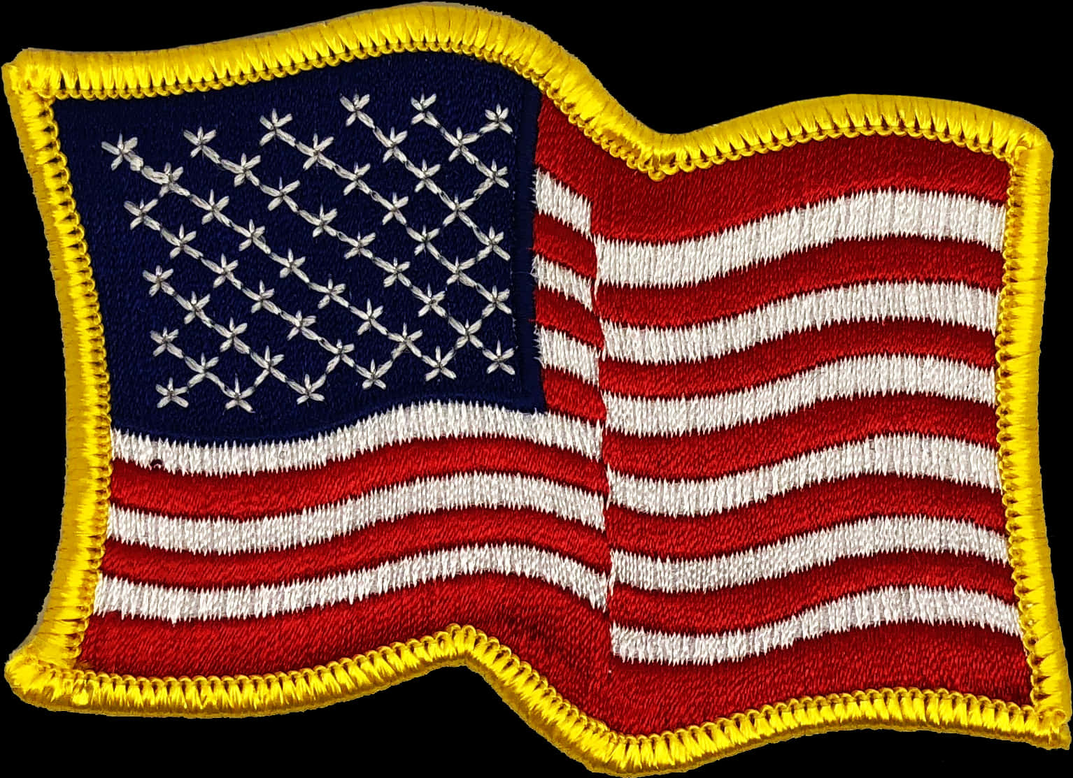 USA Flag 桌布 壁紙 — 刺繡美國國旗補丁，帶有黃色邊框和縫製的星星和條紋，背景為黑色。