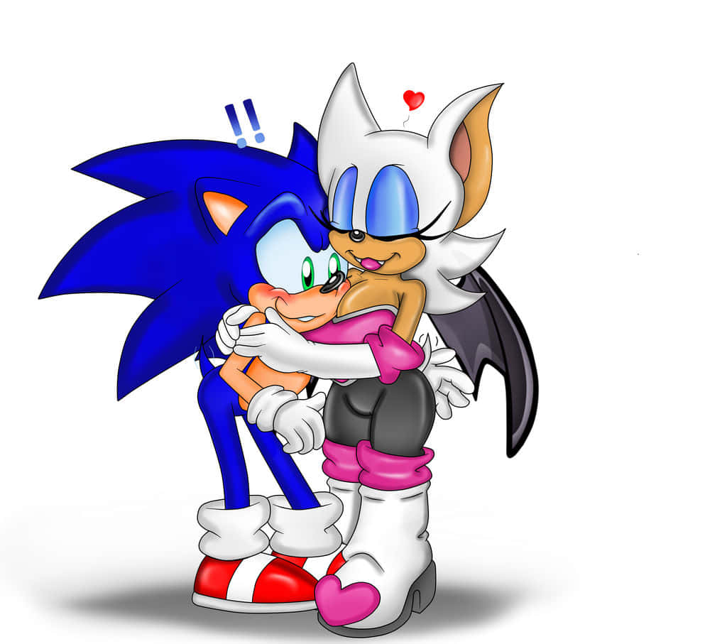 Sonic And Rouge 桌布 壁紙 — 刺蝟索尼克和刺蝟銀河在純白色背景上溫暖擁抱，心形漂浮在他們頭頂上方。