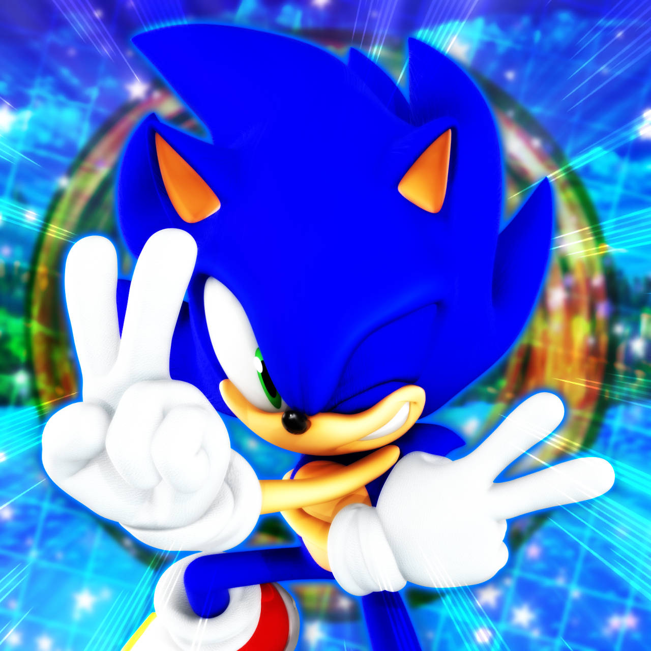 Cool Sonic 桌布 壁紙 — 刺蝟索尼克在充滿活力的霓虹城市景觀中做出和平手勢，背景有發光的條紋和彩虹弧線。