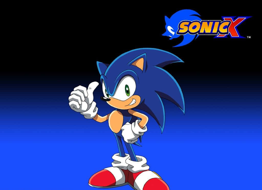 Sonic X 桌布 壁紙 — 刺蝟索尼克在藍色漸變背景上豎起大拇指，角落有Sonic X標誌。
