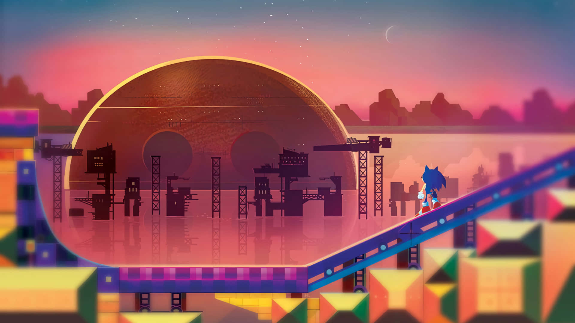 Sonic Launch Base Zone 桌布 壁紙 — 刺蝟索尼克在黃昏時分，在一個巨大的圓頂下，在一條色彩繽紛的賽道上奔跑，背景有新月和城市天際線。
