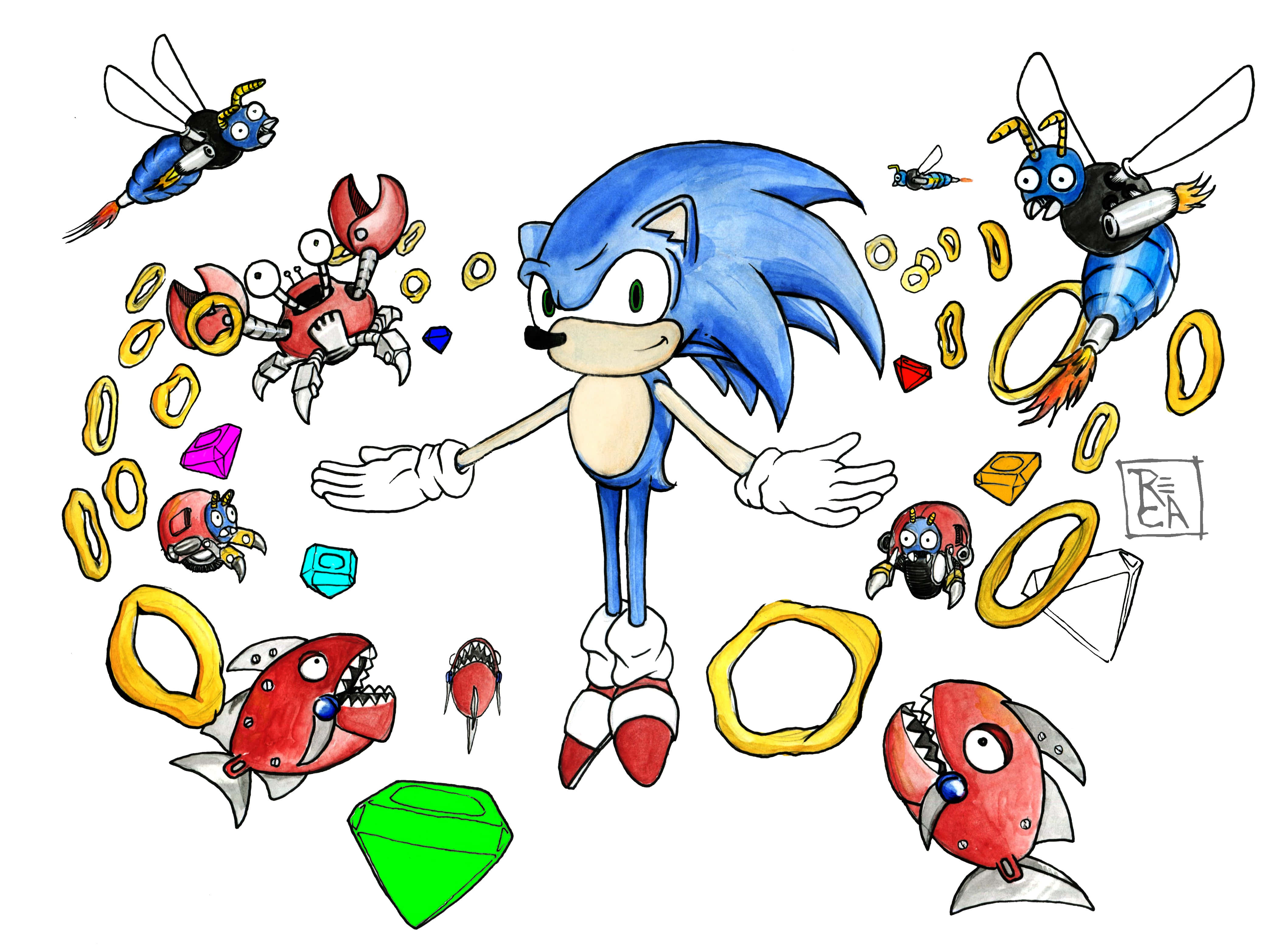 Sonic Fan Art 桌布 壁紙 — 刺蝟索尼克站在白色背景上，被飛行的機器人以及散落的戒指和寶石包圍。