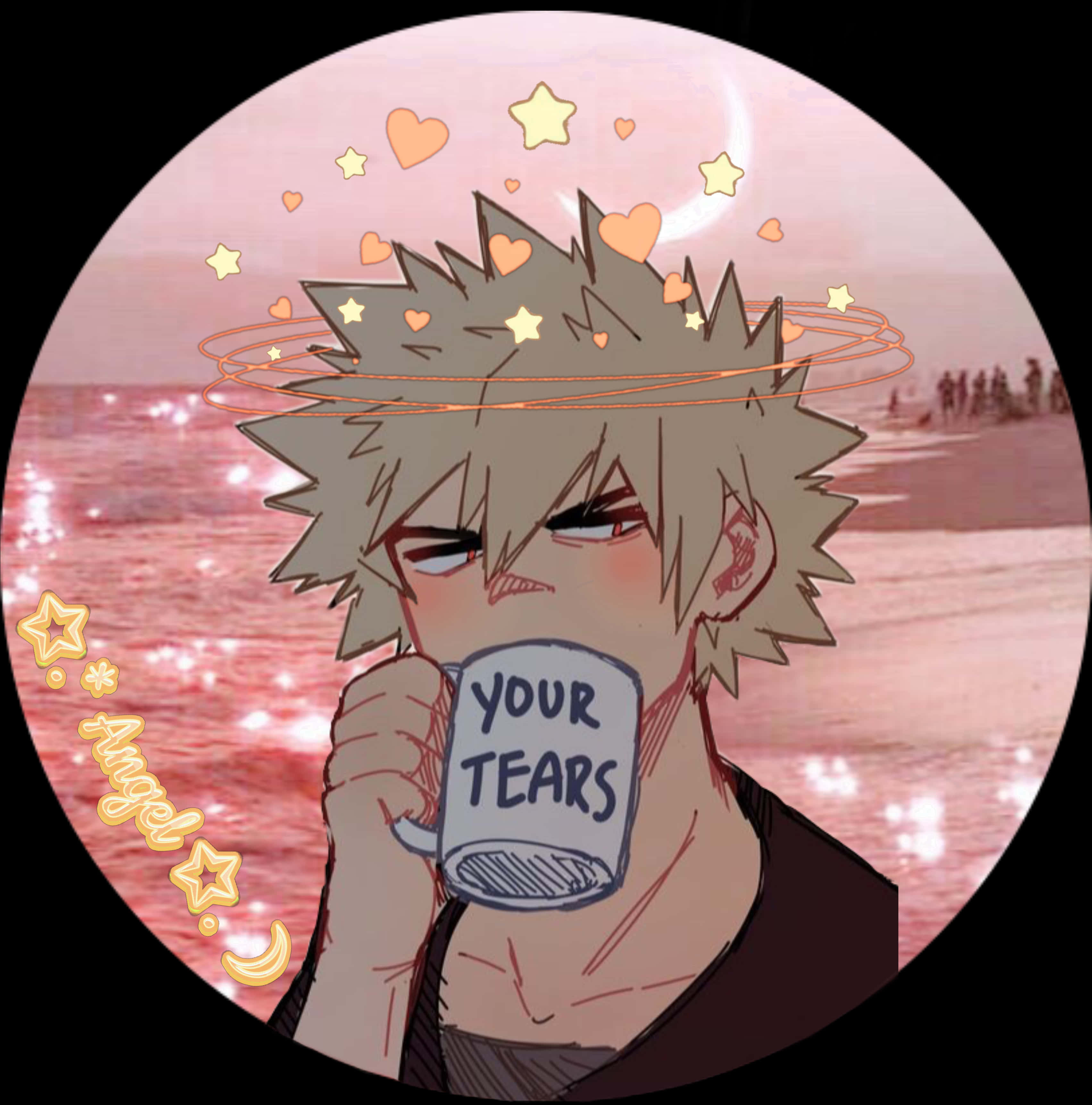 爆豪 桌布 壁紙 — 刺蝟頭動漫男孩從標有「YOUR TEARS」的杯子中啜飲，背景是粉紅色日落海洋，漂浮著愛心和星星。
