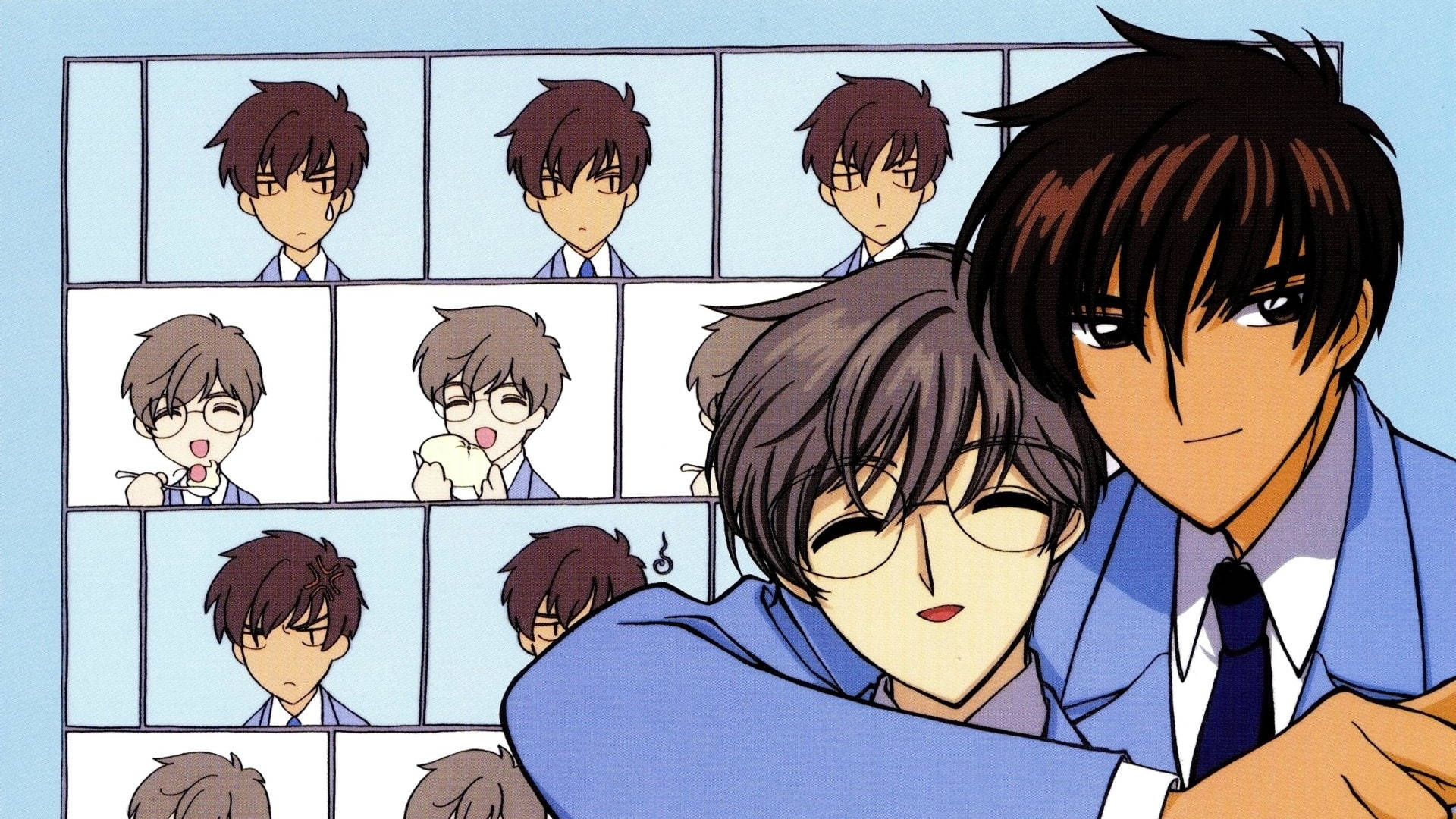 Cardcaptor 桌布 壁紙 — 前景中兩個動漫男孩熱情擁抱，背景面板顯示第三個男孩的各種表情。
