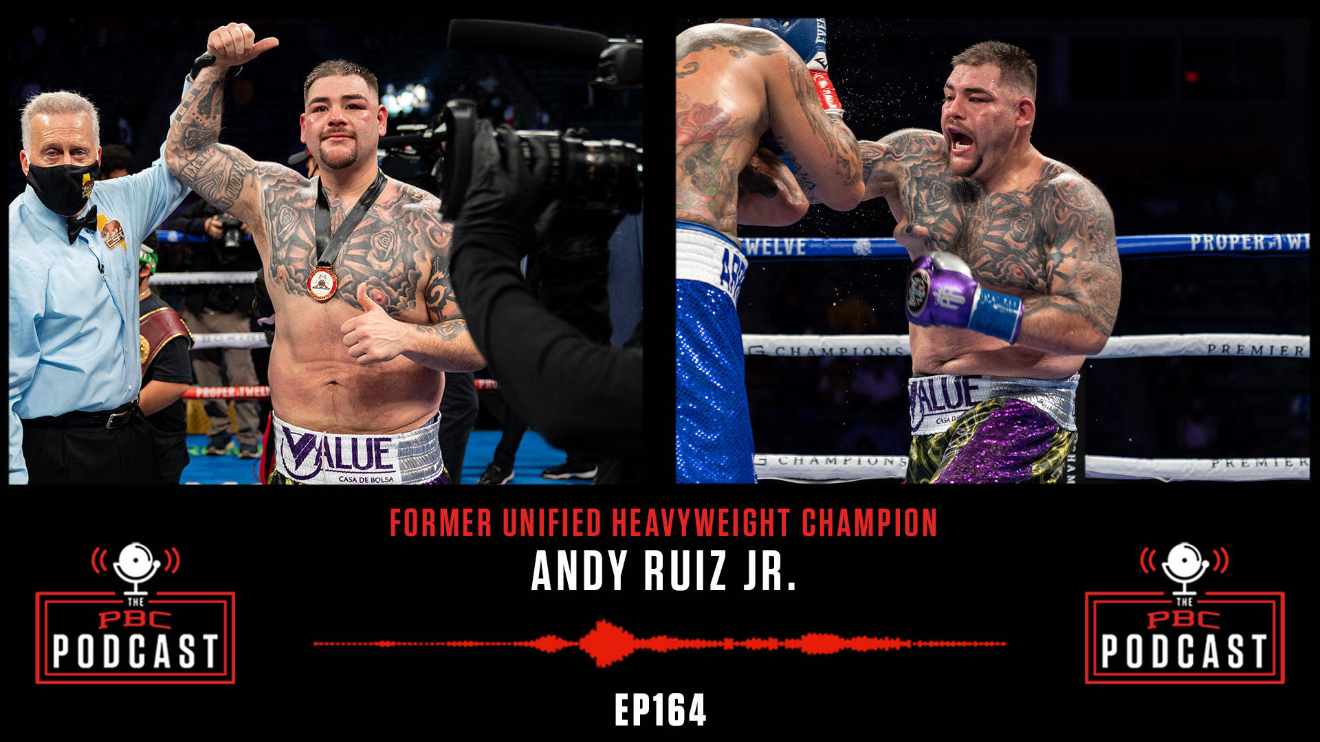 Andy 桌布 壁紙 — 前重量級拳擊冠軍安迪·魯伊斯（Andy Ruiz Jr.）在擂台上慶祝勝利，紋身和冠軍腰帶清晰可見。