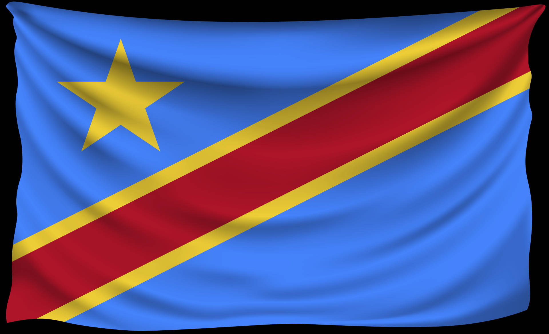 Congo 桌布 壁紙 — 剛果民主共和國的國旗在黑色背景上動態飄揚，藍色旗面上有一條粗紅色斜帶，邊緣鑲有黃色，左上角有一顆金色星星。