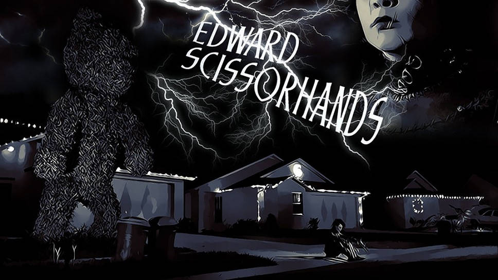 Edward Scissorhands 桌布 壁紙 — 《剪刀手愛德華》的風格化電影海報顯示一個巨大的金屬人物站在郊區房屋旁邊，天空風雨交加，閃電劃破天際。