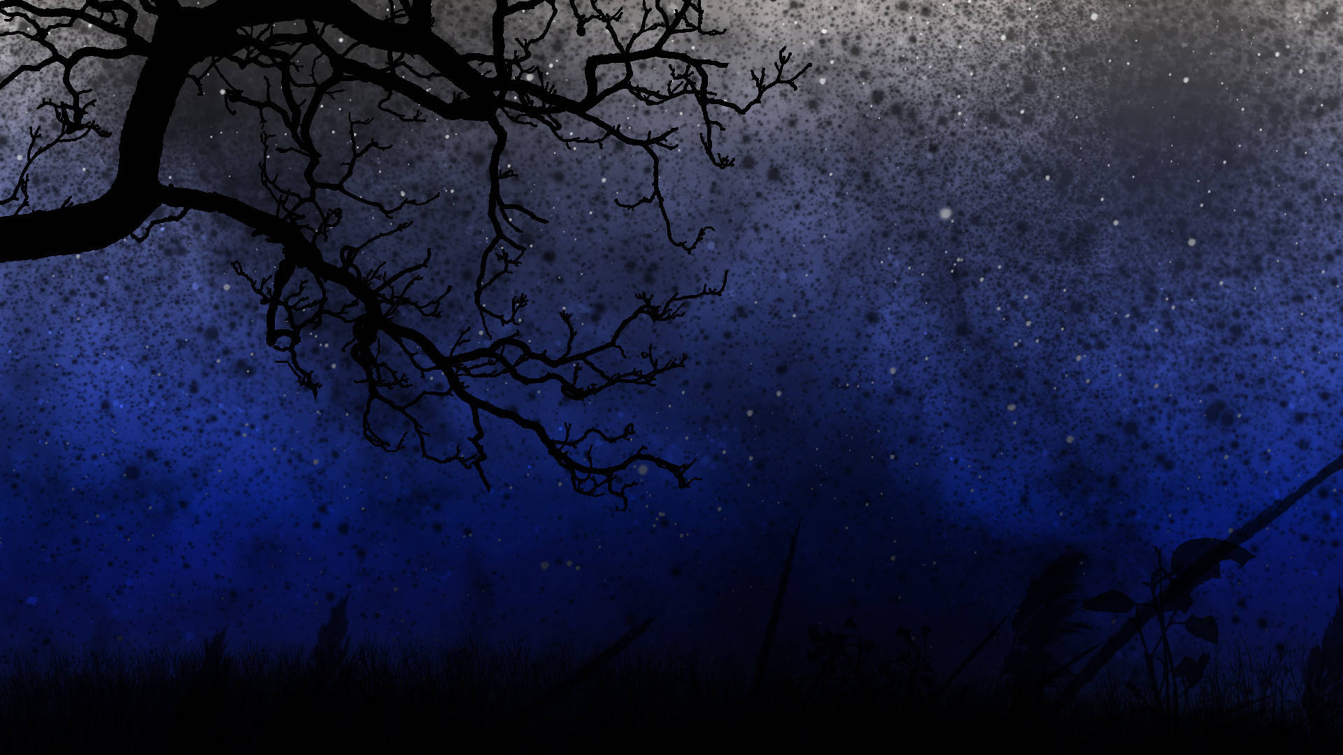 夜空 桌布 壁紙 — 剪影中彎曲的樹枝伸入帶有斑點紋理的深藍色星空夜空。