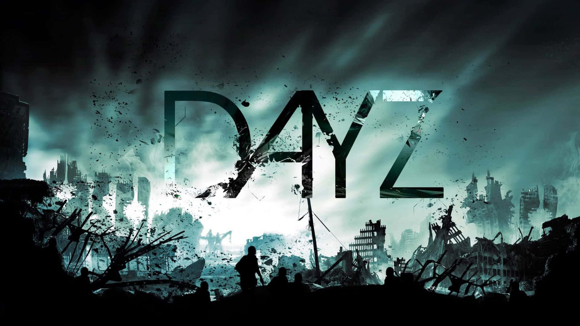 電玩遊戲 桌布 壁紙 — 剪影中的倖存者站在破碎的 'DAYZ' 標誌前，背景是廢墟城市景觀，風暴般的青綠色天空。